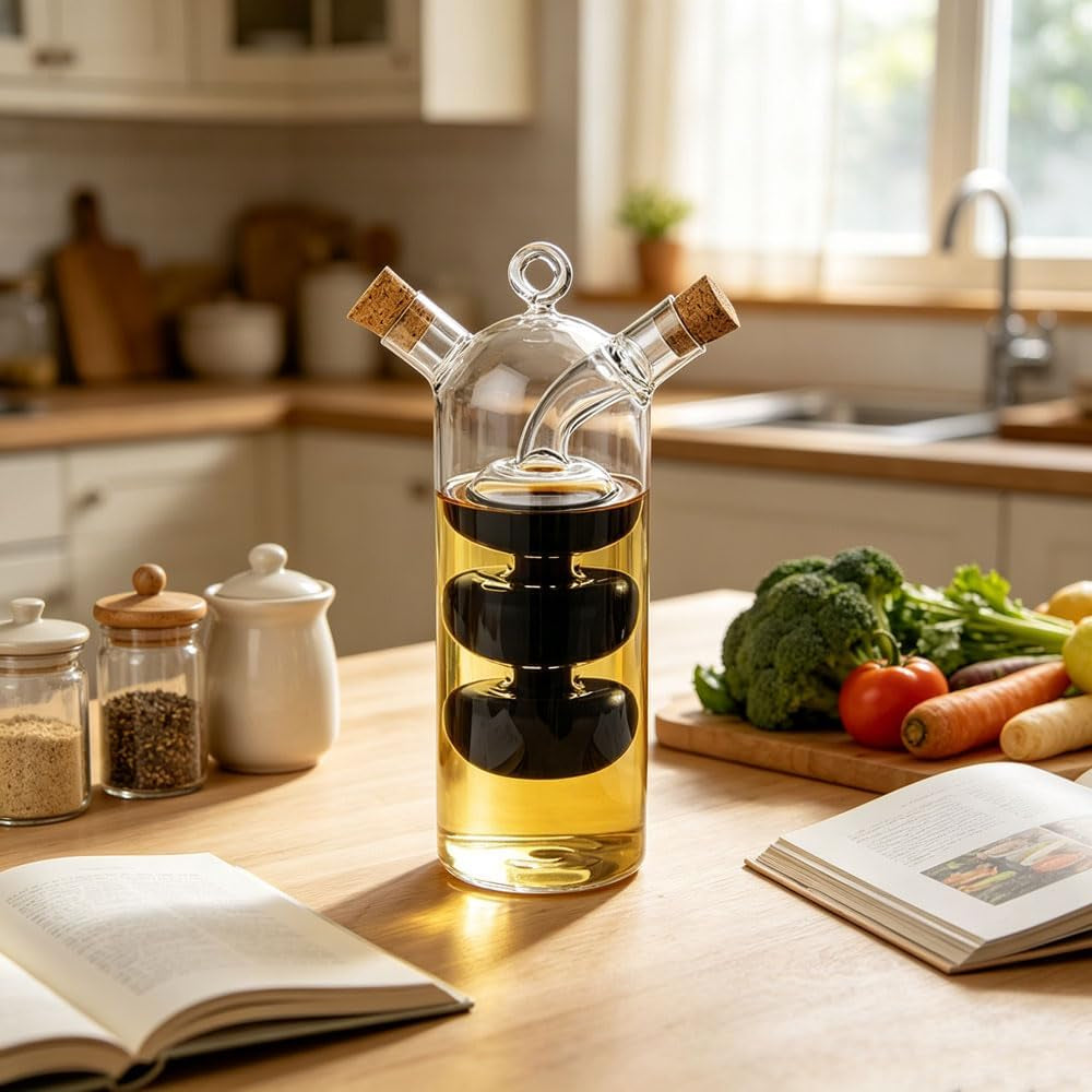 Olive Oil and Vinegar Dispenser Cruet Bottles, 2 in 1 Transparent Dual Glass for Kitchen 