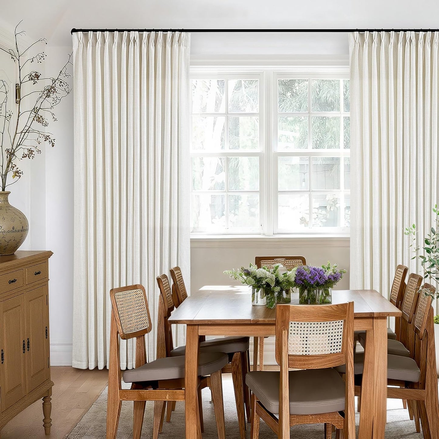90 Inch Pinch Pleated Linen Curtains 2 Panel Set, Cream Natural Thick Linen Textured Drapes, Ivory Semi Sheer Curtain