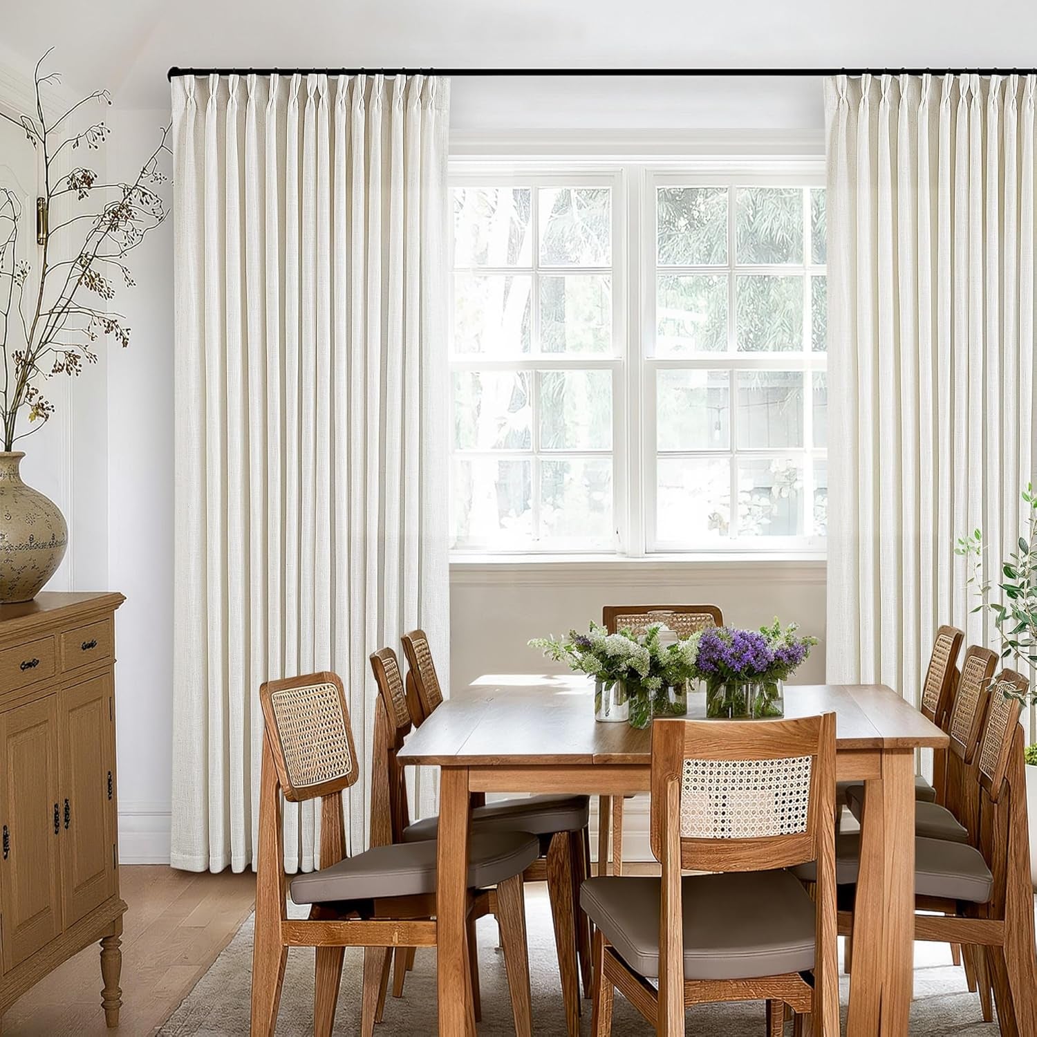 90 Inch Pinch Pleated Linen Curtains 2 Panel Set, Cream Natural Thick Linen Textured Drapes, Ivory Semi Sheer Curtain