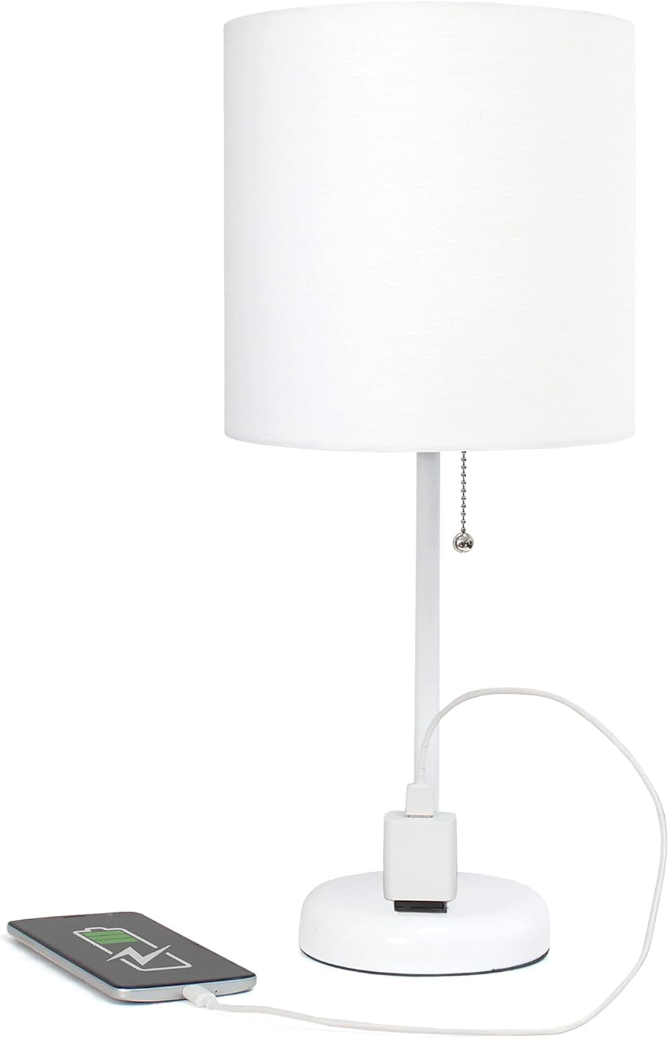 LT1144-WOW Sleek and Slender White Table Lamp with Charging Outlet for Bedroom, White Shade