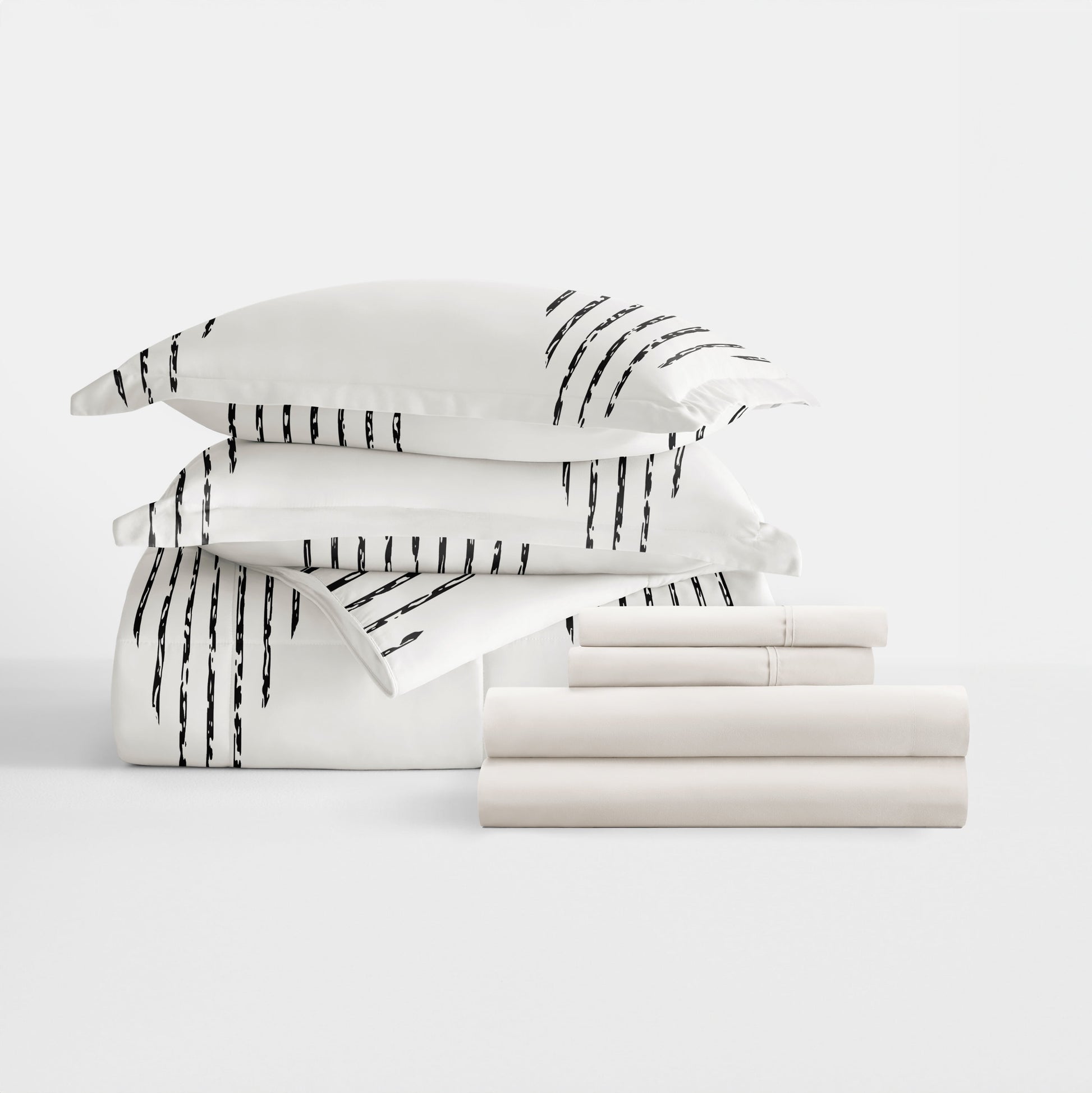 Full Bedding Bundle, Patterned Microfiber Comforter and Solid Sheet Set in Diamond Stripe Gray