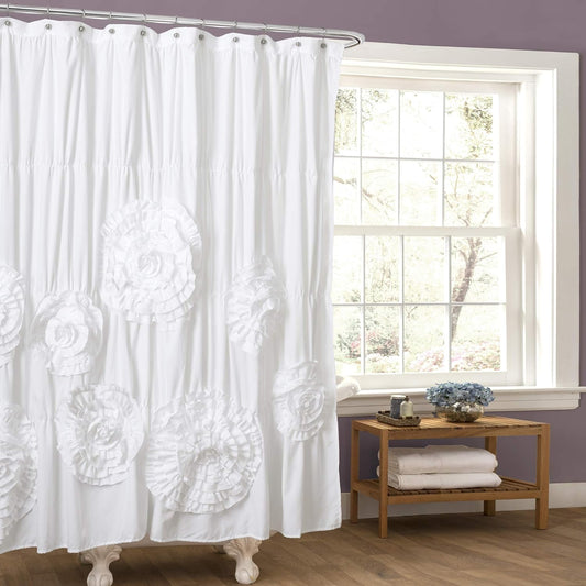 Serena Ruffle Shower Curtain, 72" W X 72" L, White - Beautiful Ruched Flower Design 