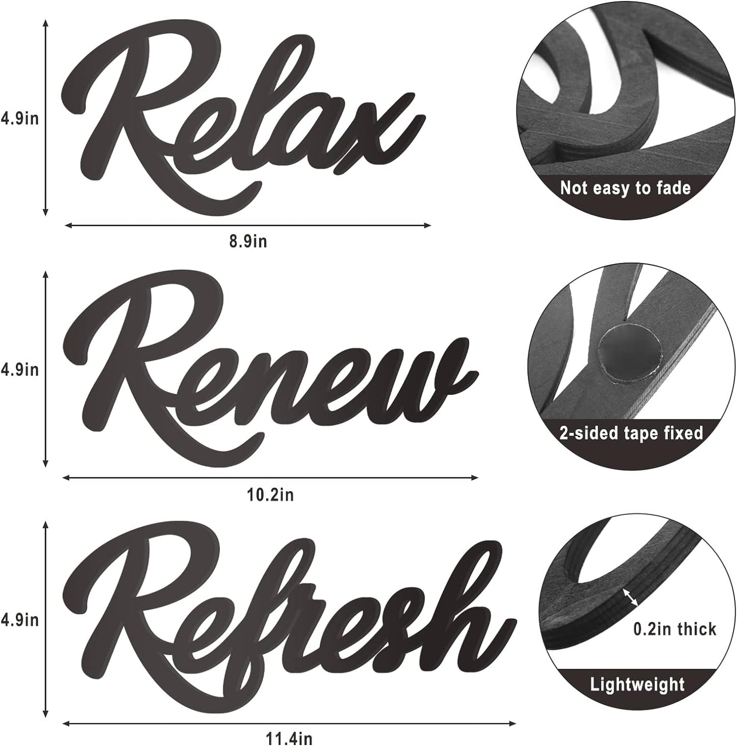3 Pieces Bathroom Decor Wooden Bathroom Sign Relax Renew Refresh Sign (Black)