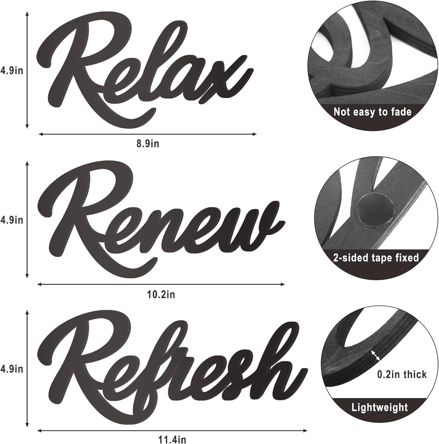 3 Pieces Bathroom Decor Wooden Bathroom Sign Relax Renew Refresh Sign (Black)