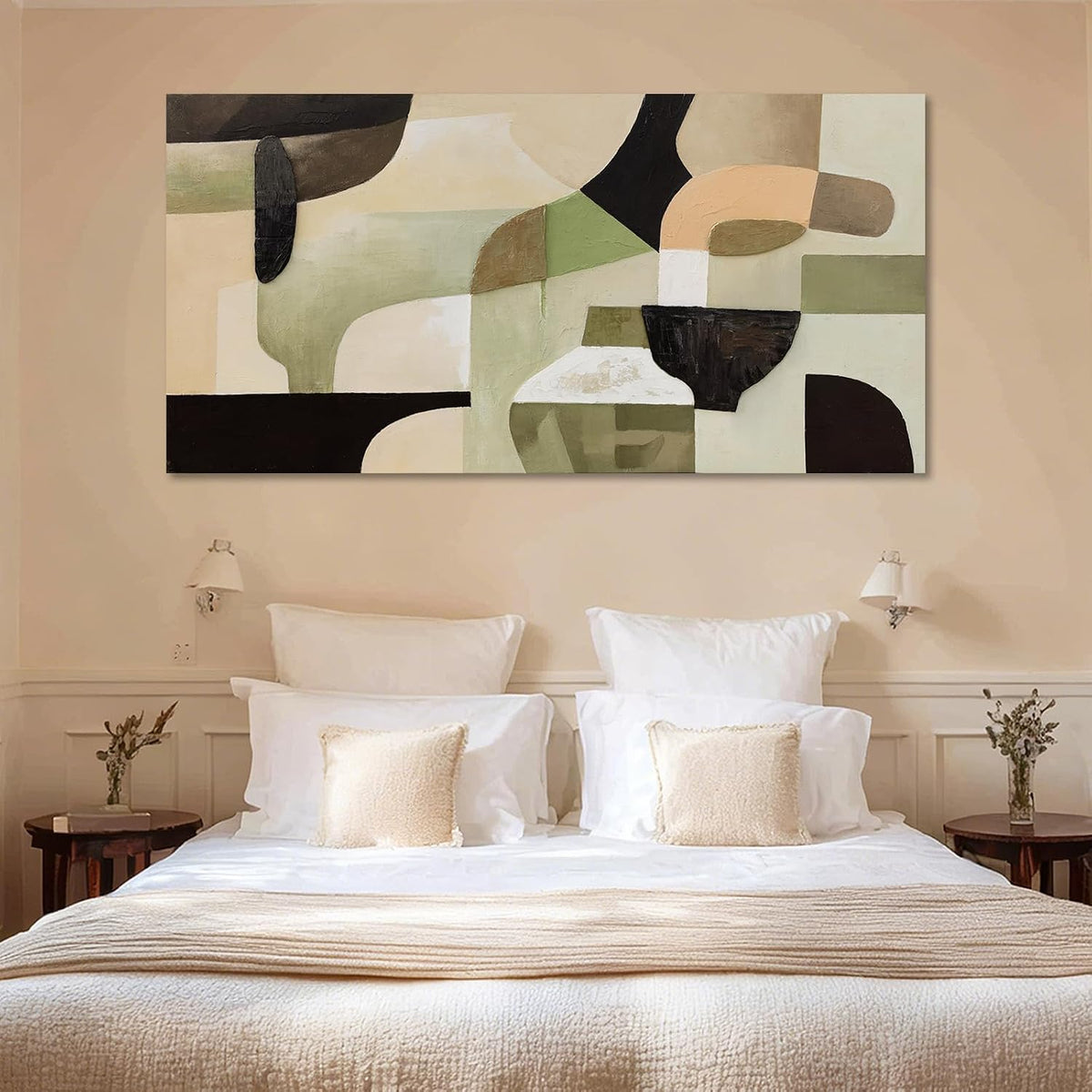 Modern Abstract Green Beige Canvas Wall Art for Living Room 24X48 Inch