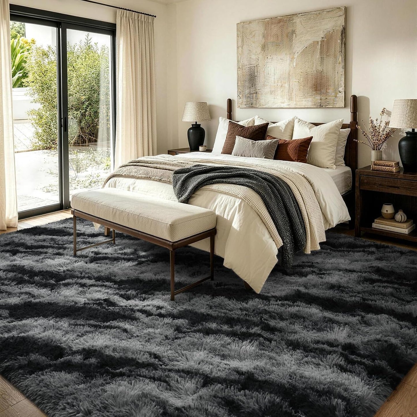 Fluffy Area Rug,4X6 Non-Slip (Tie-Dye Striped Black) 