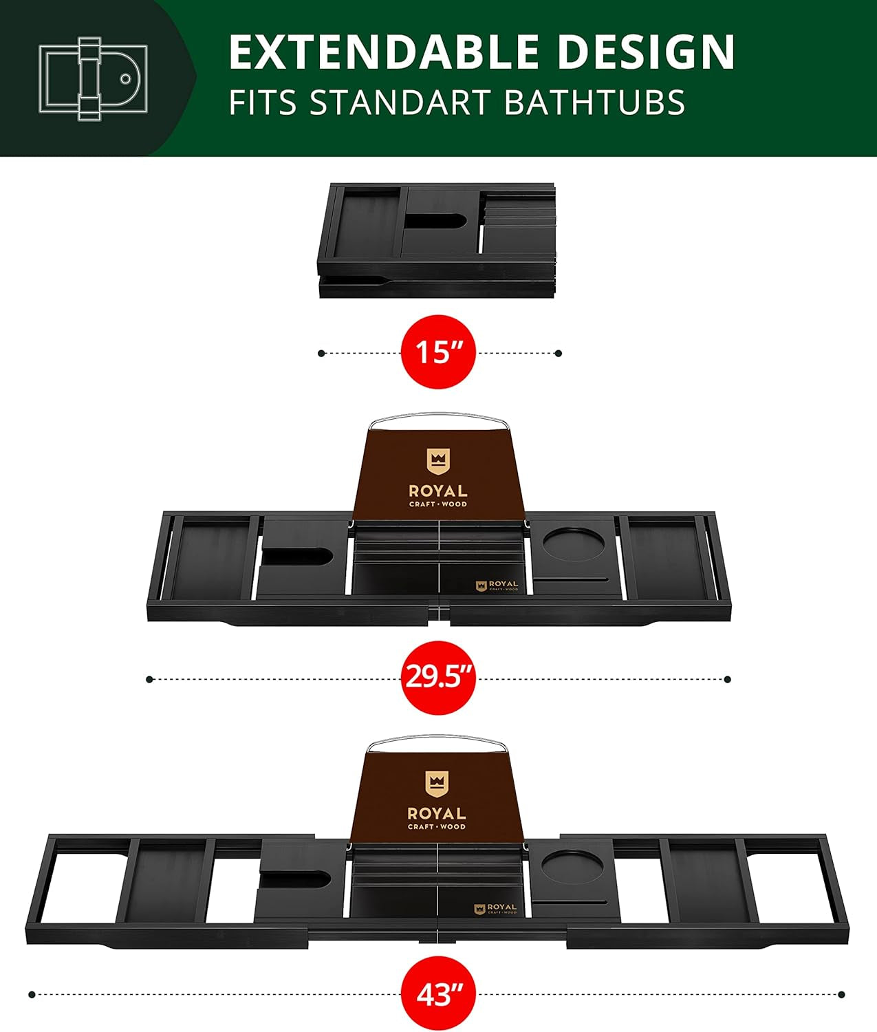 Premium Foldable Bathtub Tray Caddy -Expandable Wood Bath Tray for Tub, Black