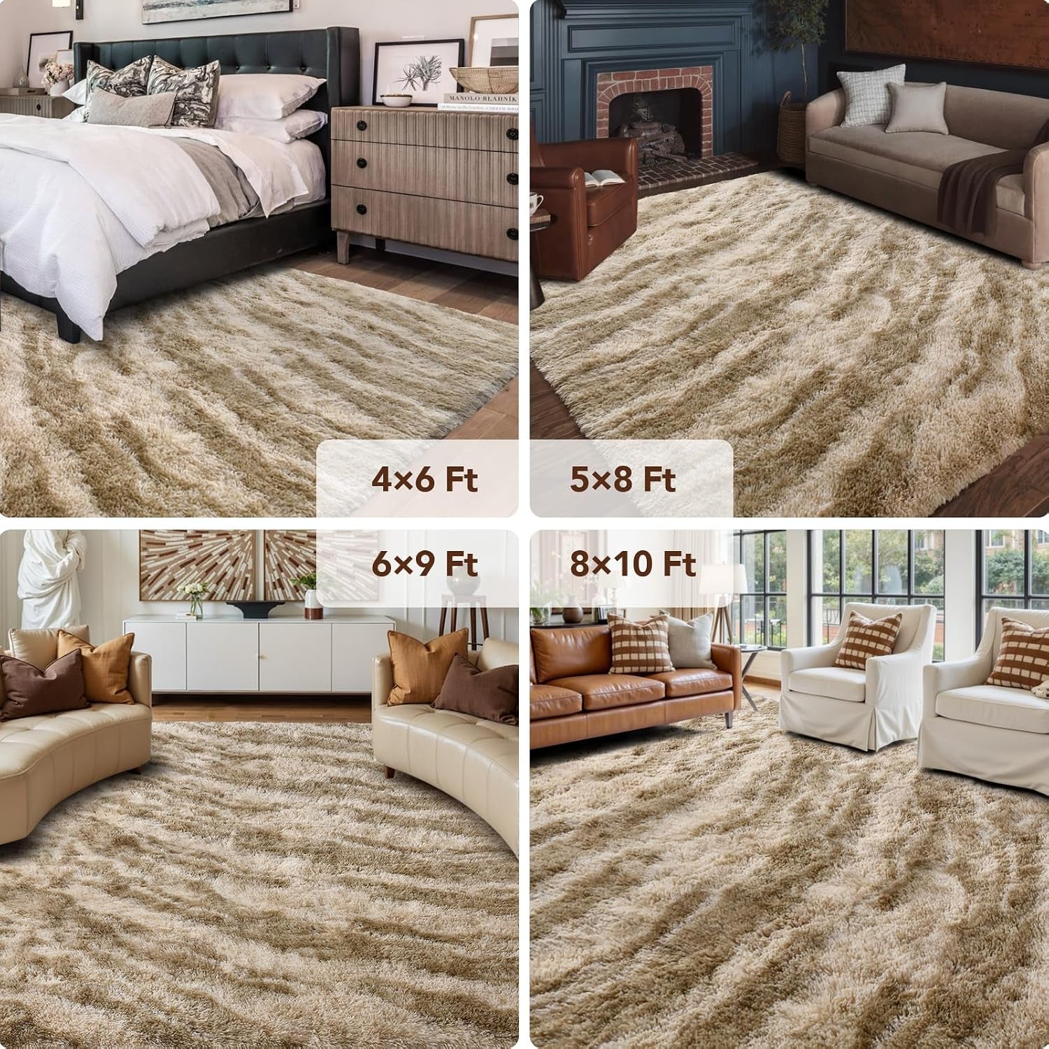  Fluffy Area Rug, 5X8 Non-Slip (Tie-Dye Striped Tan)