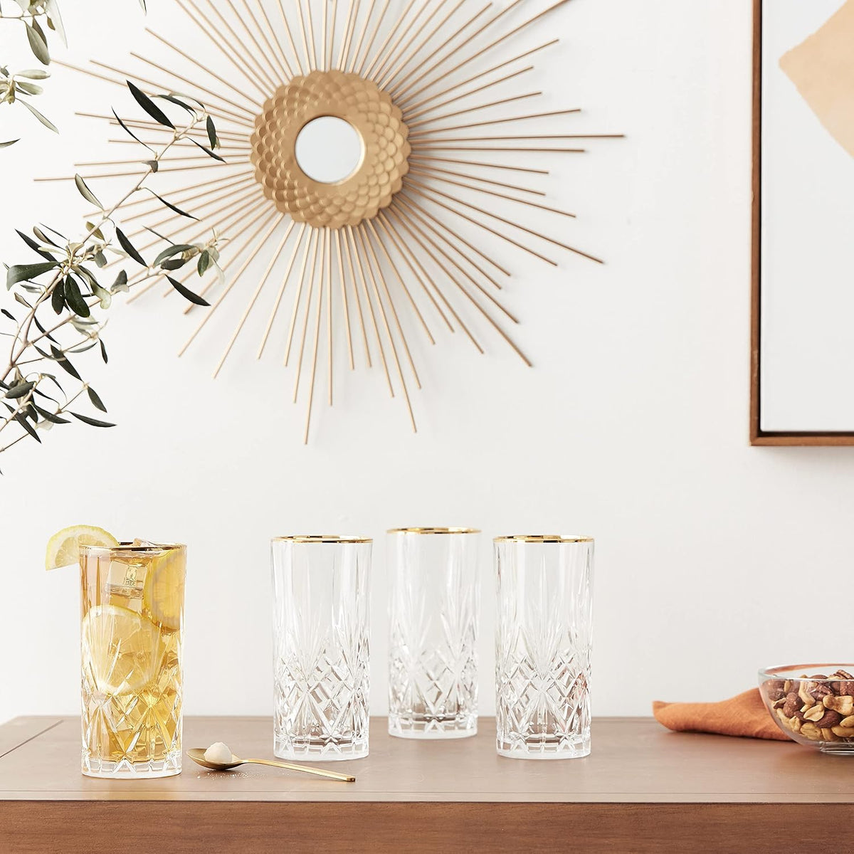 Siena Collection Crystal Water Beverage or Ice Tea Glass with Gold Band Design, Set of 4,12 Ounces
