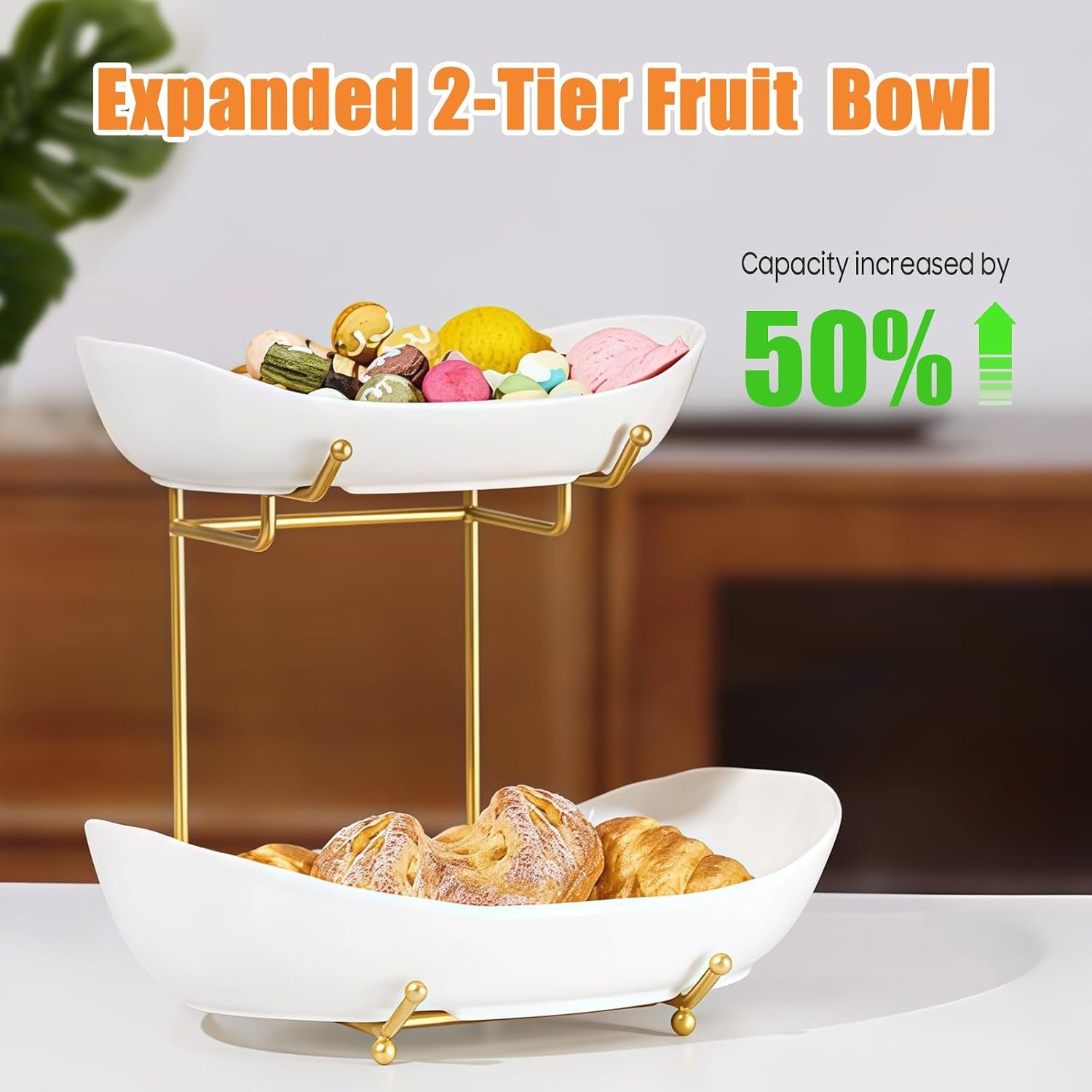 2 Tier Fruit Bowl, Ceramic Fruit Basket for Kitchen Counter with Metal Stand, Modern, Gold White, Large