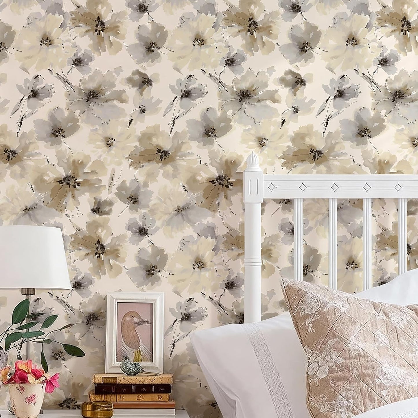 Beige Flower Watercolor Flower Peel and Stick Wallpaper, Honey Wheat Yellow, 17.3X393.7 Inch