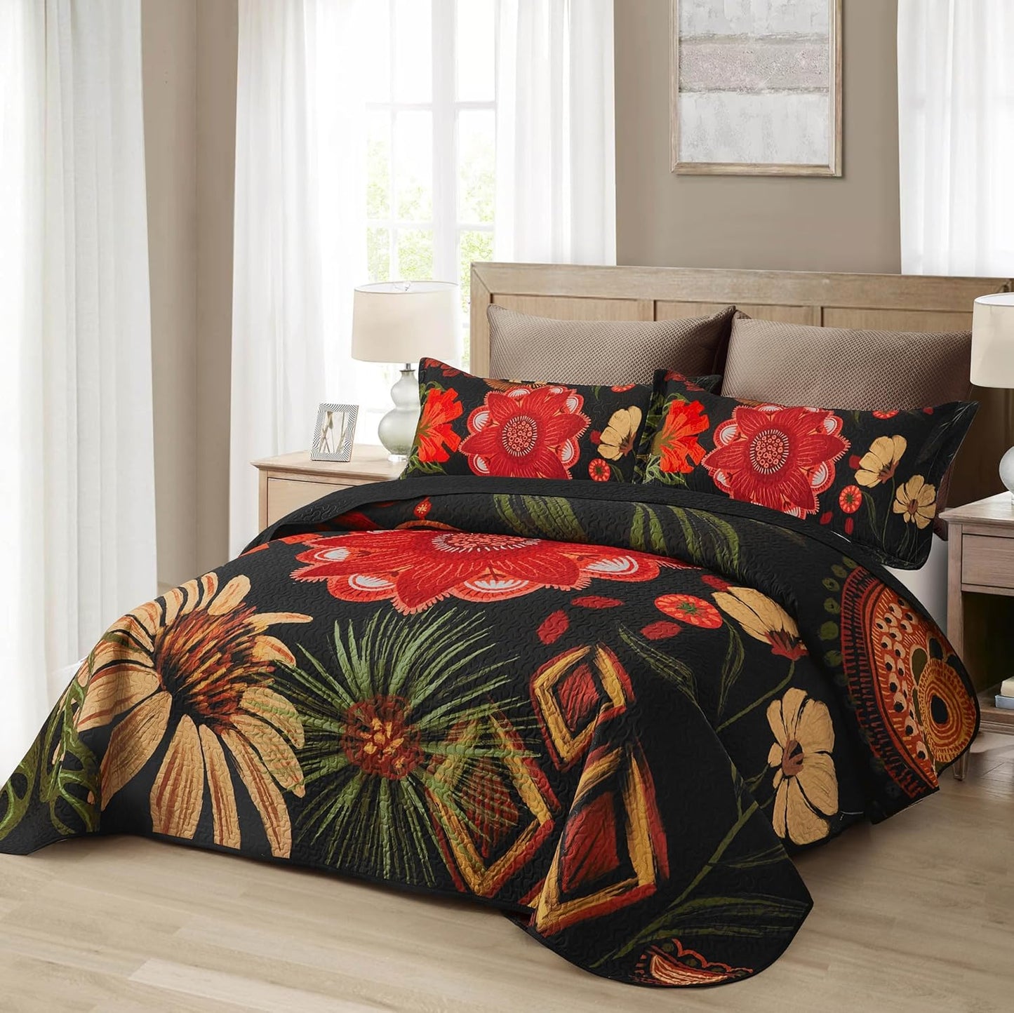 3 Piece Black Red Boho Floral Full/Queen Quilt Sets, Farmhouse Reversible Lightweight Bedspread Coverlet with 2 Shams,Set for All Season, 90''X96''