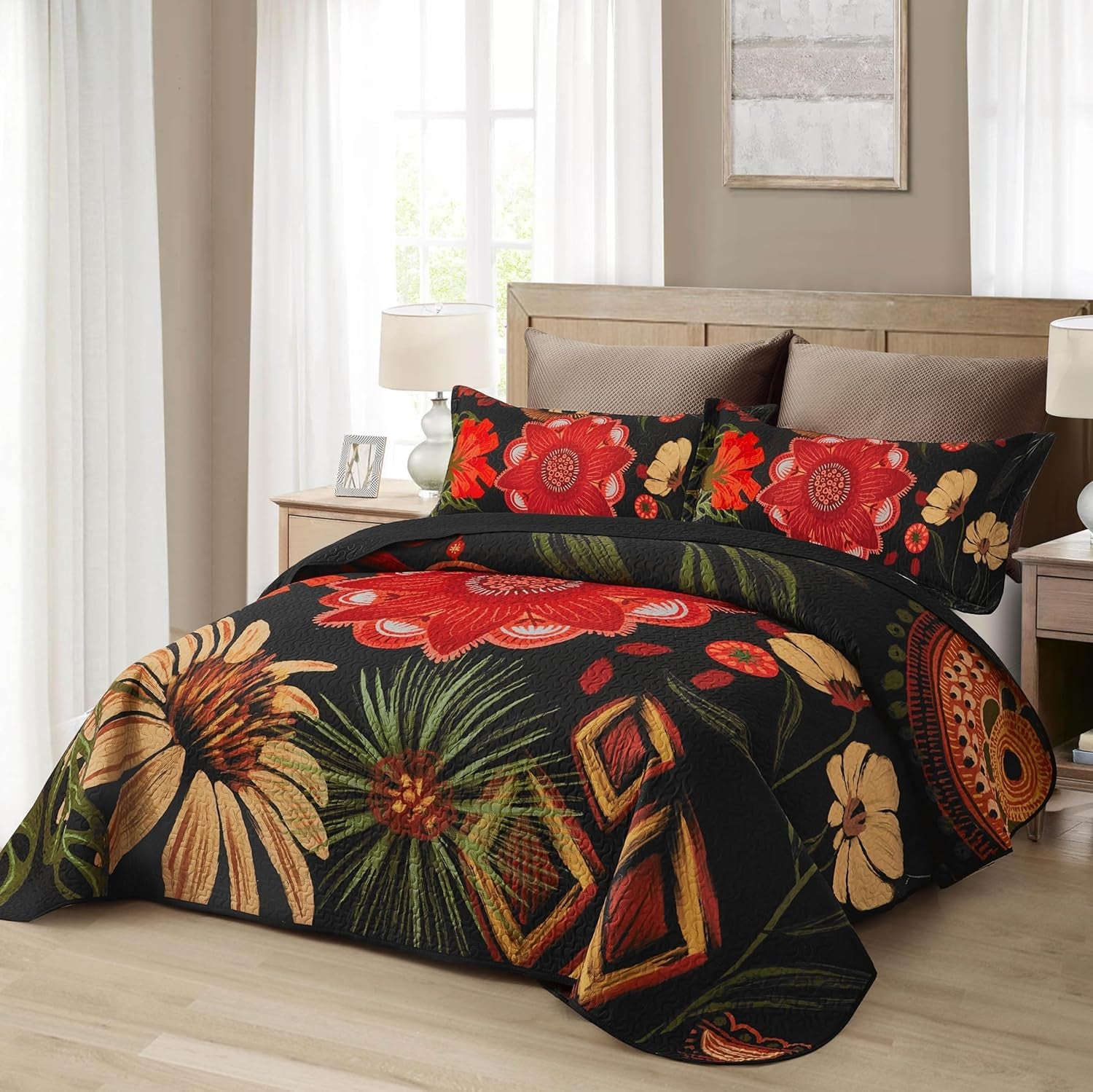 3 Piece Black Red Boho Floral Full/Queen Quilt Sets, Farmhouse Reversible Lightweight Bedspread Coverlet with 2 Shams,Set for All Season, 90''X96''