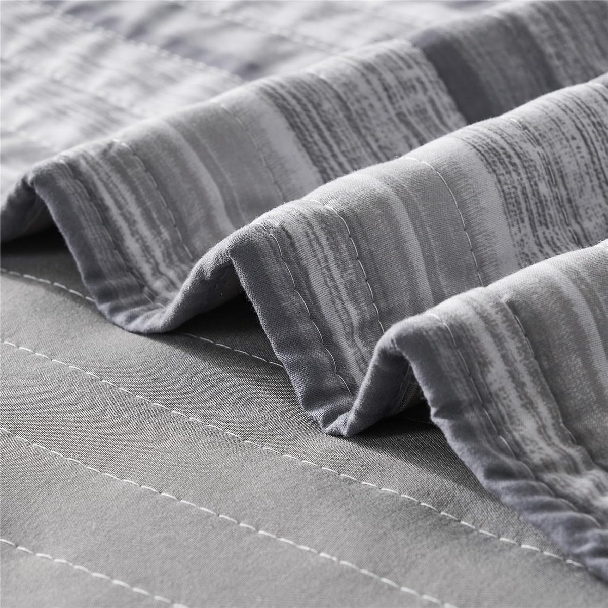 Striped King/Cal King Quilt Bedding Set, Soft Coverlet, Light Grey