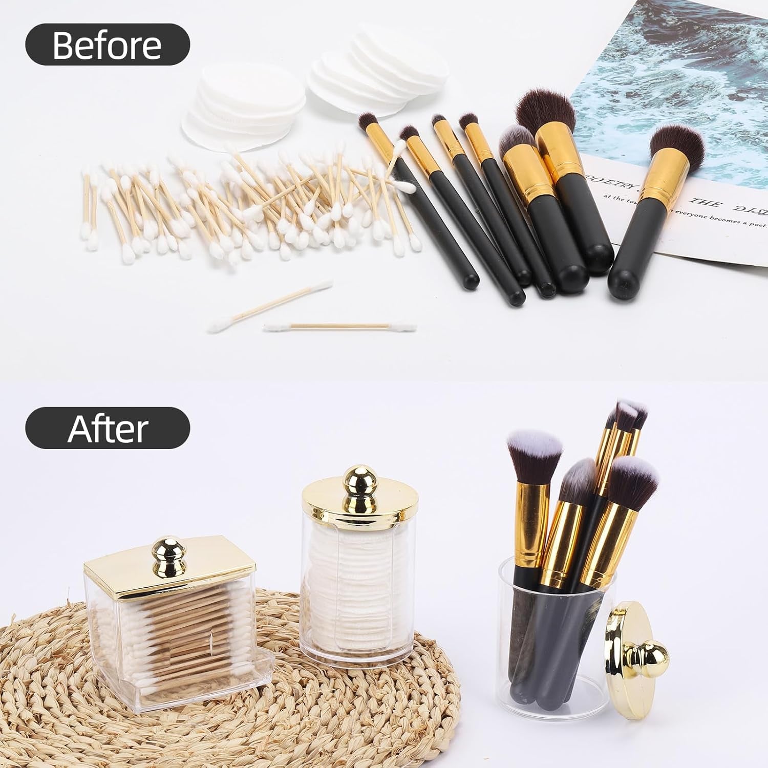 3 Pack Dispenser - Bathroom Organizers and Storage Containers, Plastic with Gold Lids, Gold