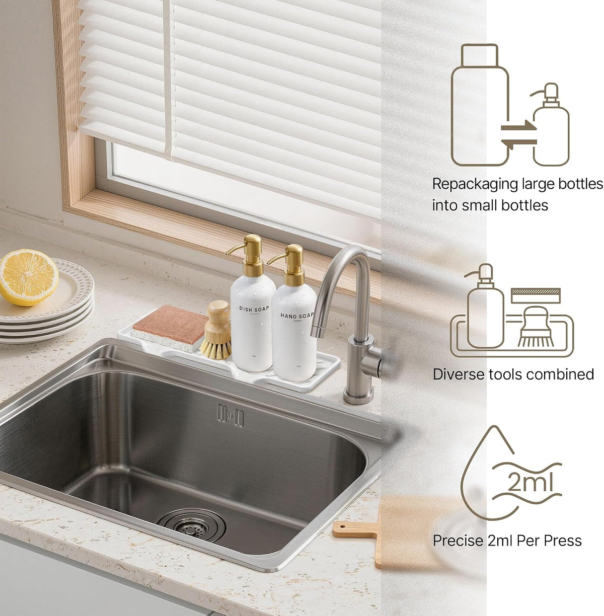 Kitchen Soap Dispenser with Self Draining Silicone Tray, Brush Sponge, Gold