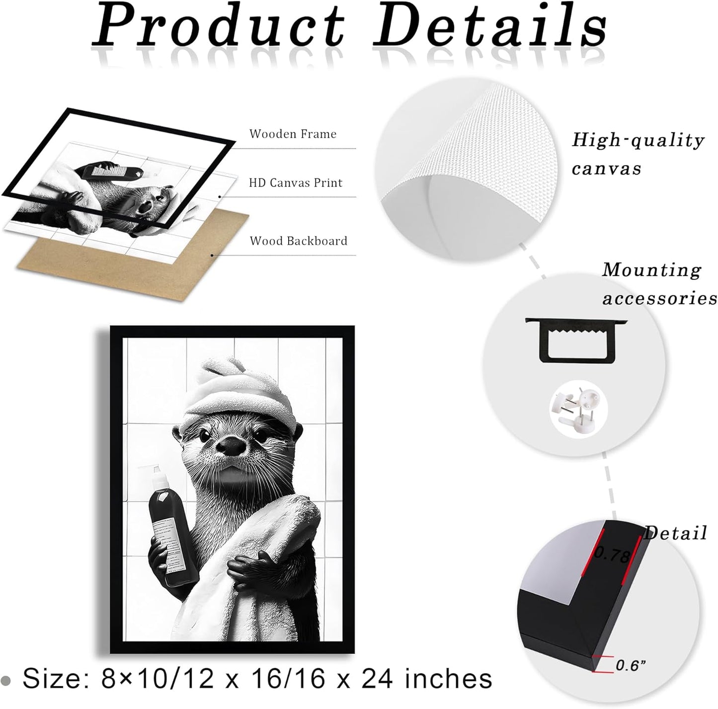 Framed Black and White Bathroom Canvas Wall Art, Funny Otter Wall Decor, Farmhouse Humor Animal Art Prints Ready to Hang 12X16 Inches