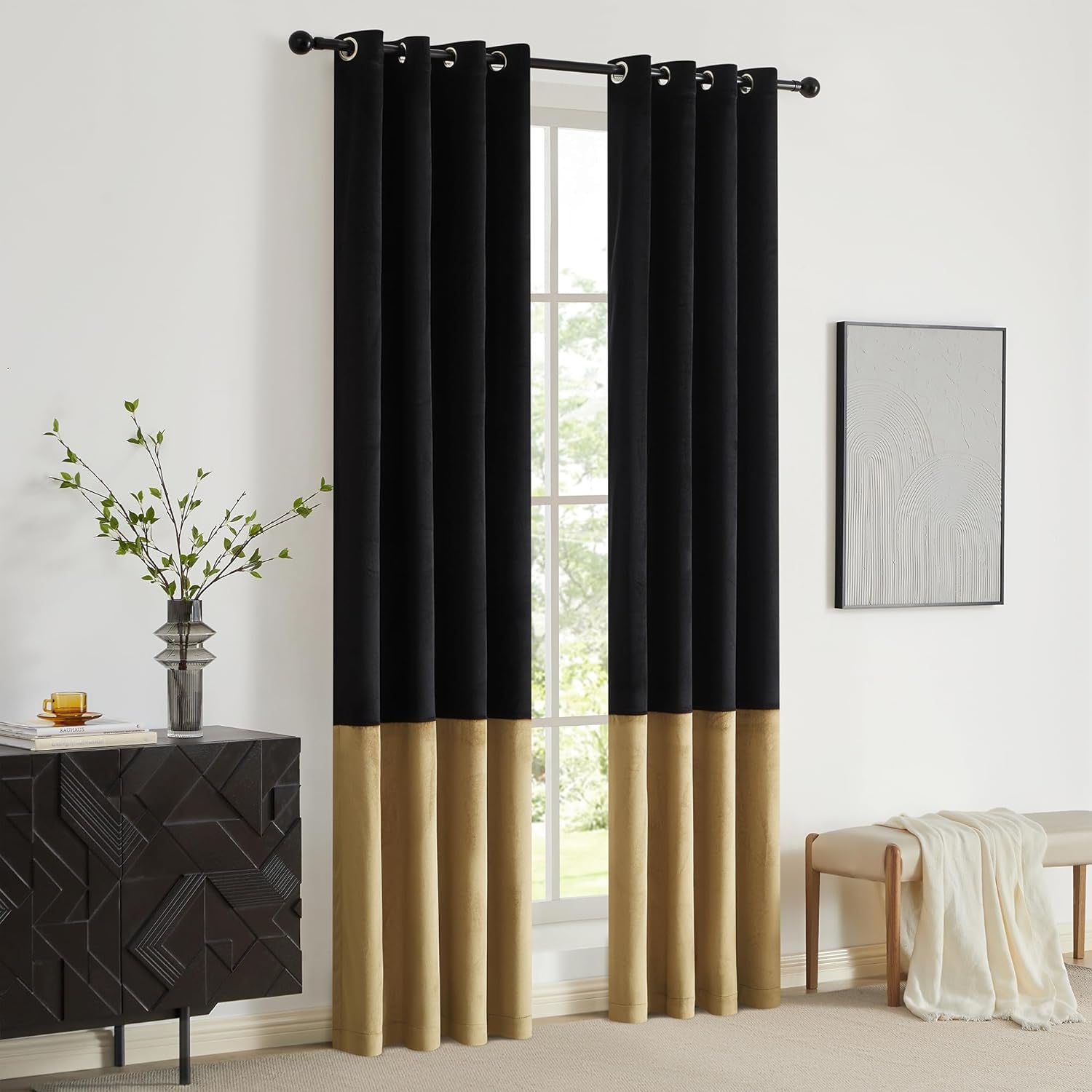 Black Gold Color Block Window Curtains Panels 96 Inches Long Velvet Farmhouse Drapes