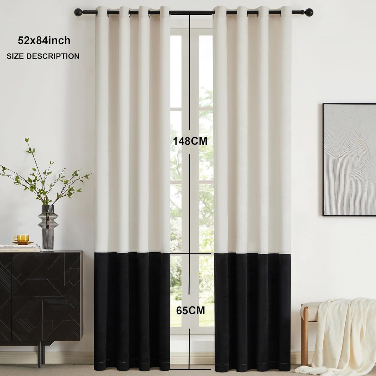 Modern Cream White Black Decorative Velvet Curtains 84 Inches 2 Panels