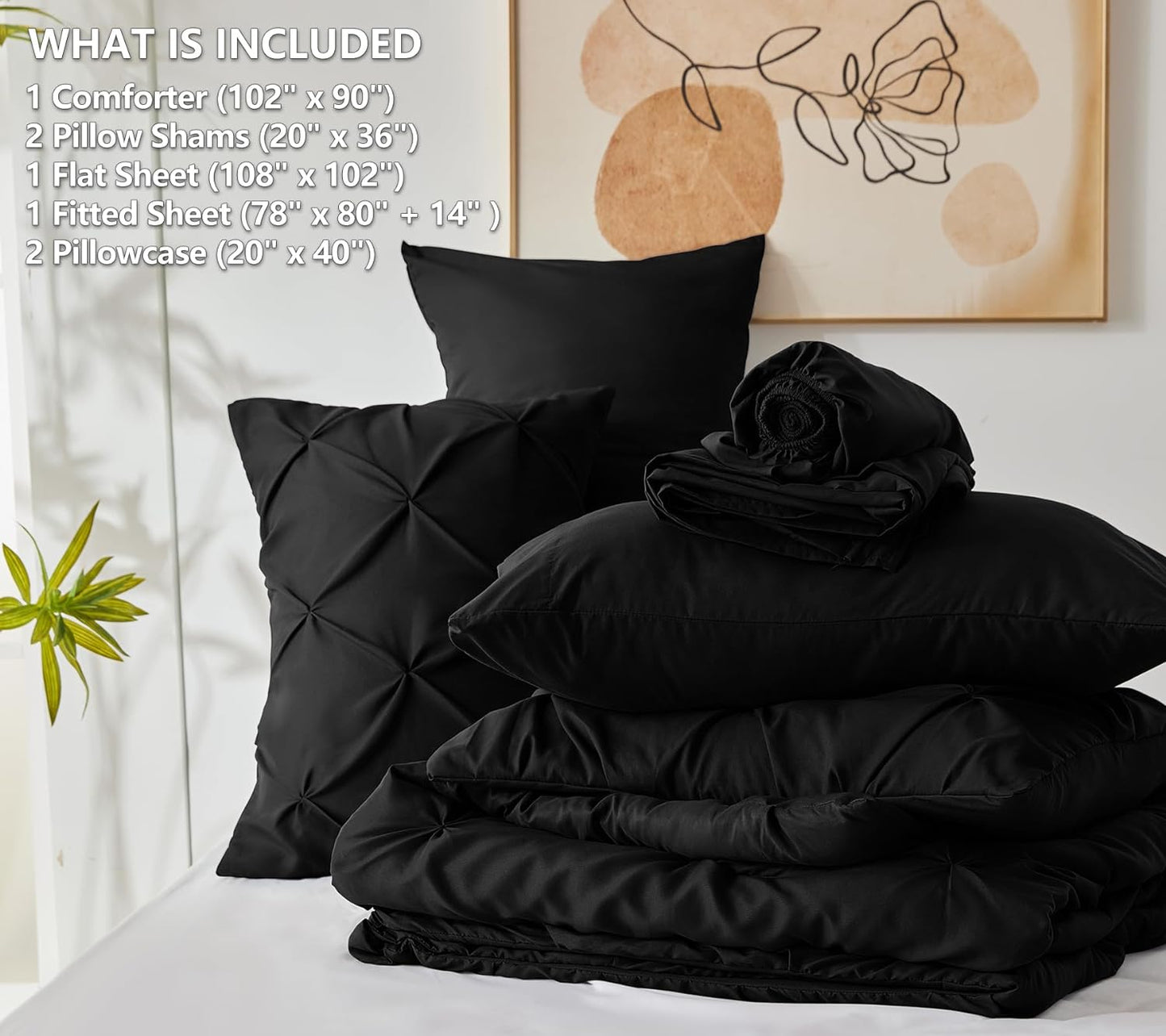 King Size Comforter Set - 7 Pcs Black, All-Season Comforter