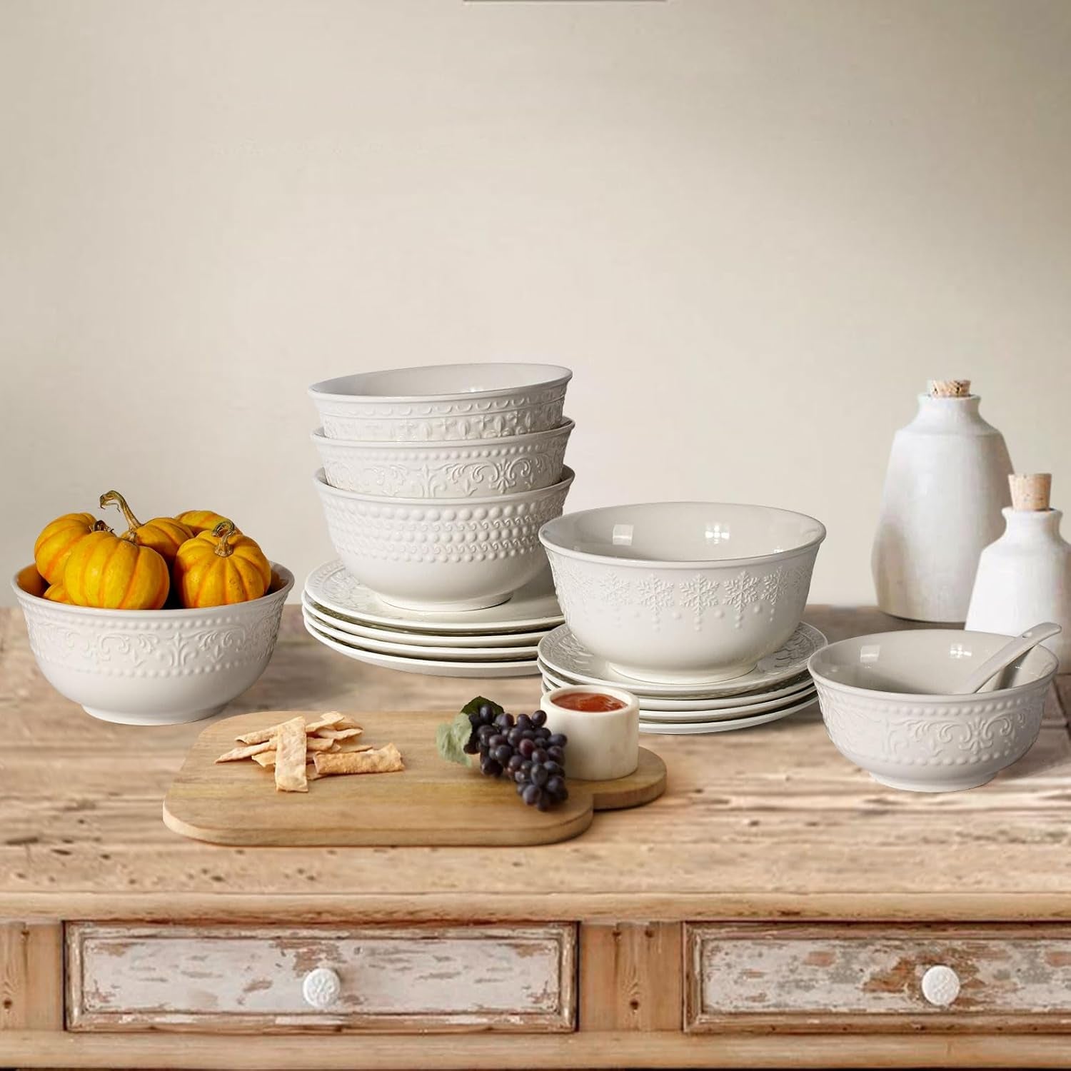 Large Salad Bowls Set of 4, 60Oz White Serving Bowls Deep Embossed Ceramic 8 Inch (Multiple Patterns)