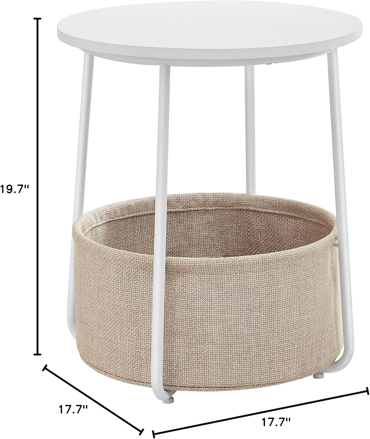 End Table, Small Bedside Table with Fabric Basket, Modern Nightstand, round Side Table, for Living Room, Bedroom, Matte White and Camel Brown ULET223W10