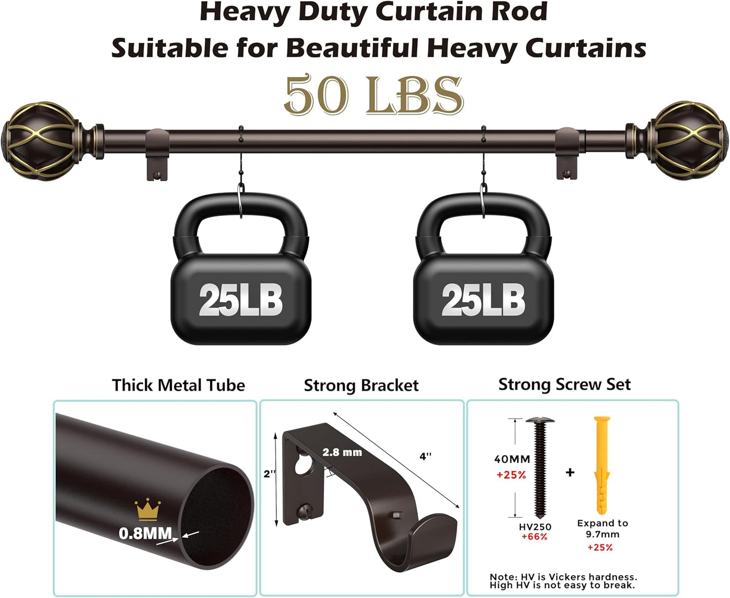 Curtain Rods 18-152 Inch, for Window 144 Inch, Adjustable Length Heavy Duty Diameter 7/8 Inch, Decorative Finials, Bronze
