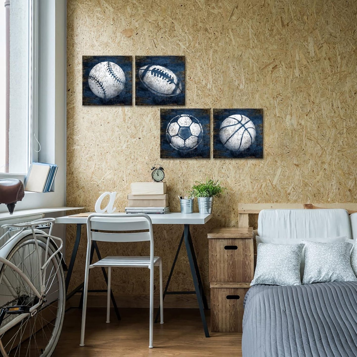 Navy Blue Sports Wall Art Décor for Teenagers Boy Room Decor 12X12Inchx4 Piece