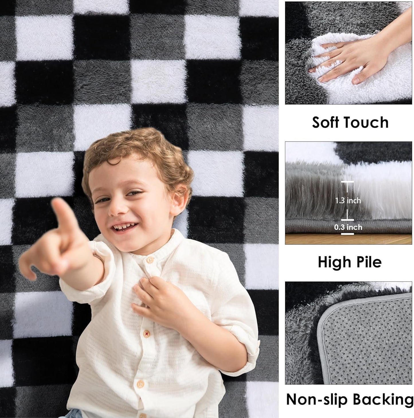 Area Rugs for Bedroom, 4X6 Fluffy Soft Black White Grey Checkered Rug Fuzzy Shag Shaggy Floor Carpet