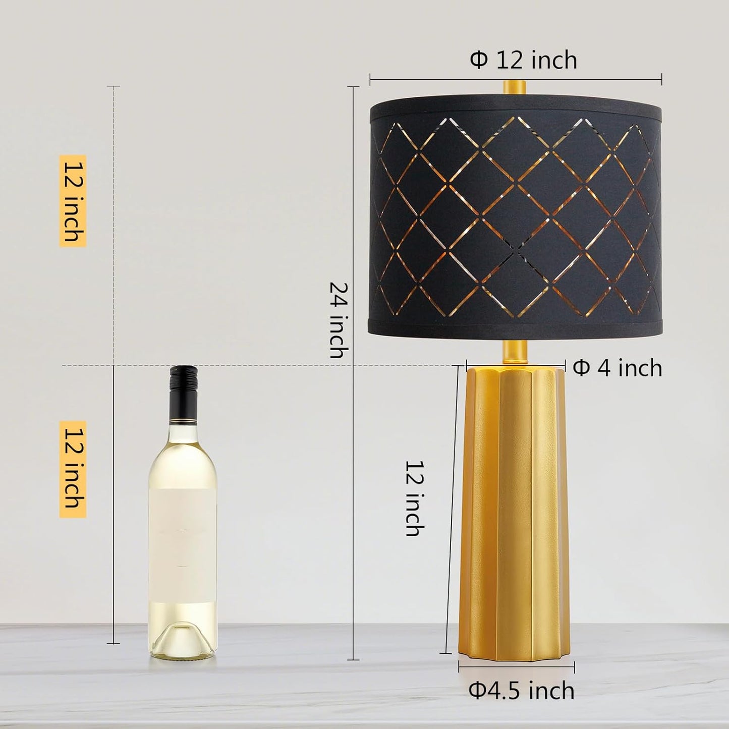 Set of 2 Modern Table Lamps, Gold Nightstand Resin Lamps with Black Grid Shade, 2 Bulbs Included (Gold)
