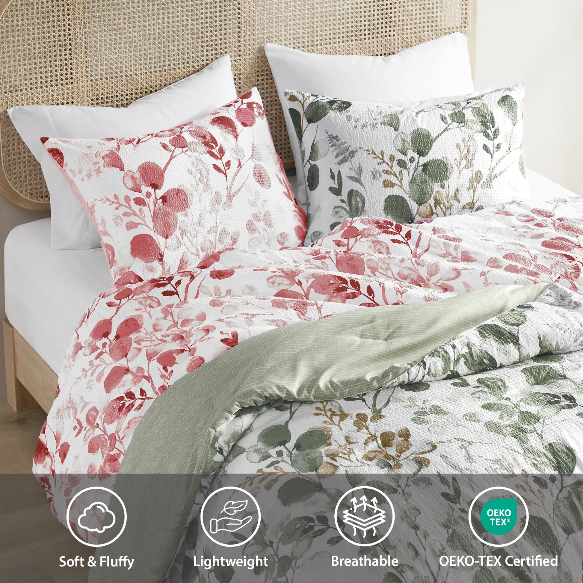 King/Cal King Comforter Sets, Reversible Seersucker Floral Bedding Sets, 3 Piece Lightweight Pink Blush Botanical Flowers Comforter Bed Set 
