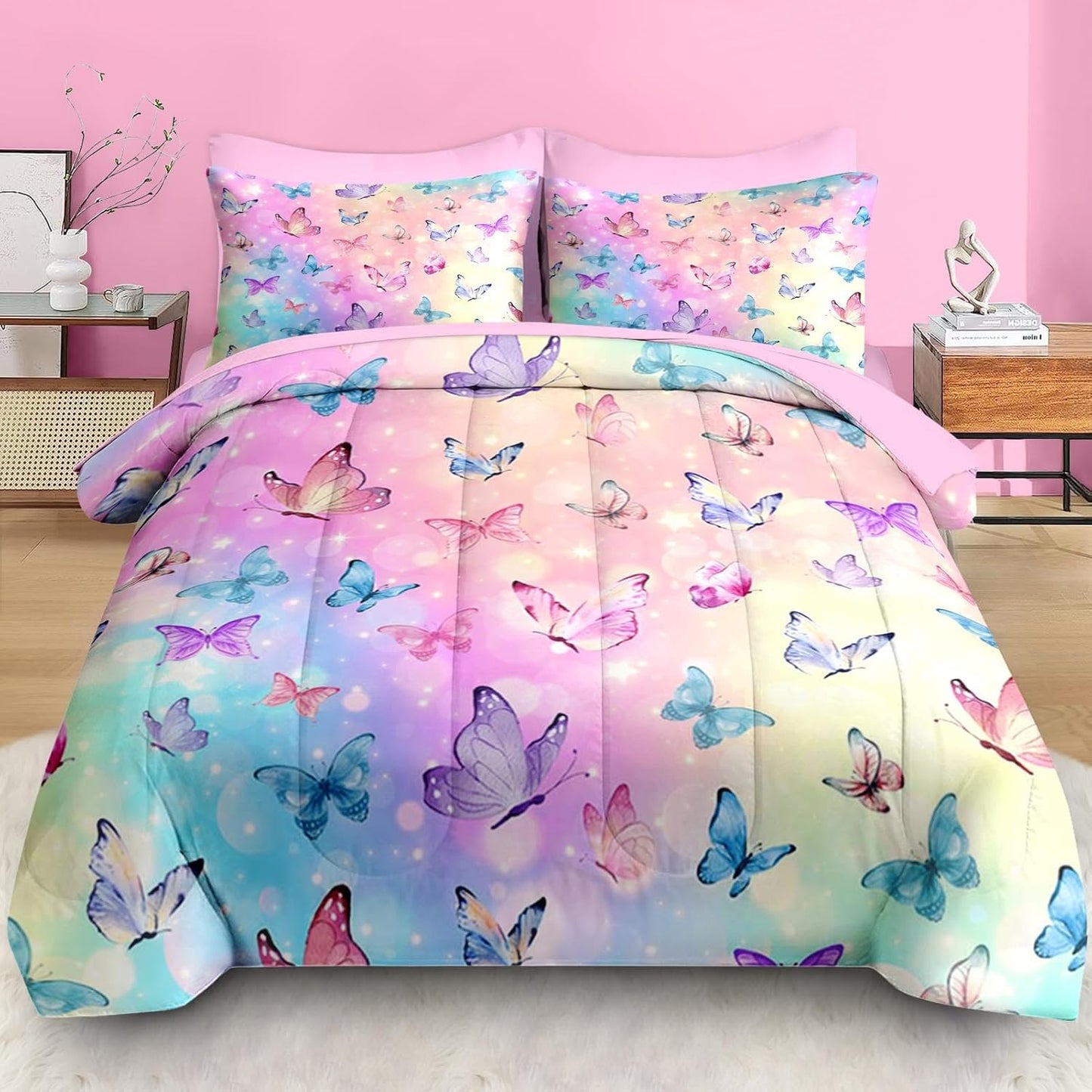 Comforter Set Twin Size, Pink Blue Butterfly 5 Pcs Bedding for Girls, Purple Colorful Rainbow Bed Sheet Sets with Fitted Sheet Pillowcase & Sham 