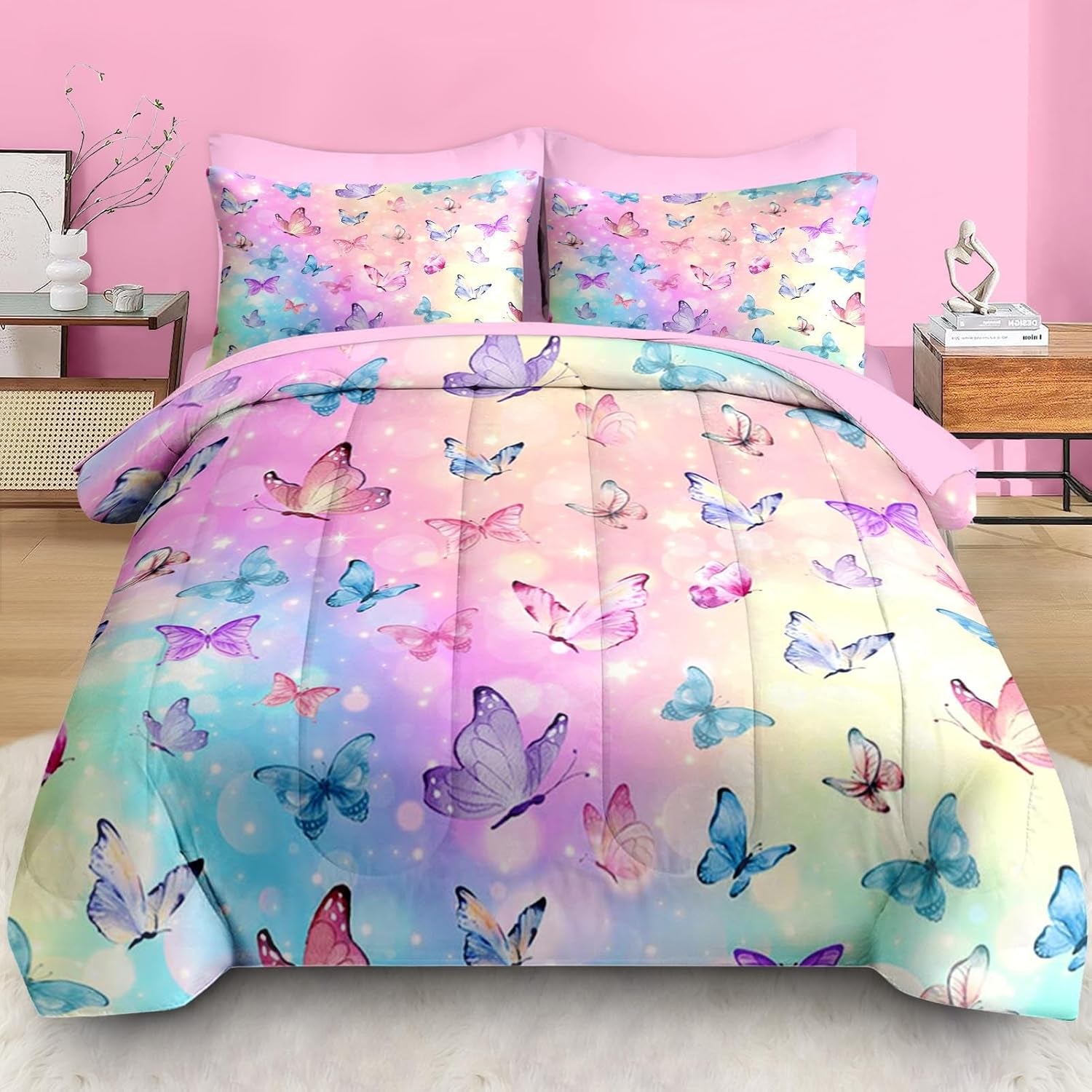 Comforter Set Twin Size, Pink Blue Butterfly 5 Pcs Bedding for Girls, Purple Colorful Rainbow Bed Sheet Sets with Fitted Sheet Pillowcase & Sham 