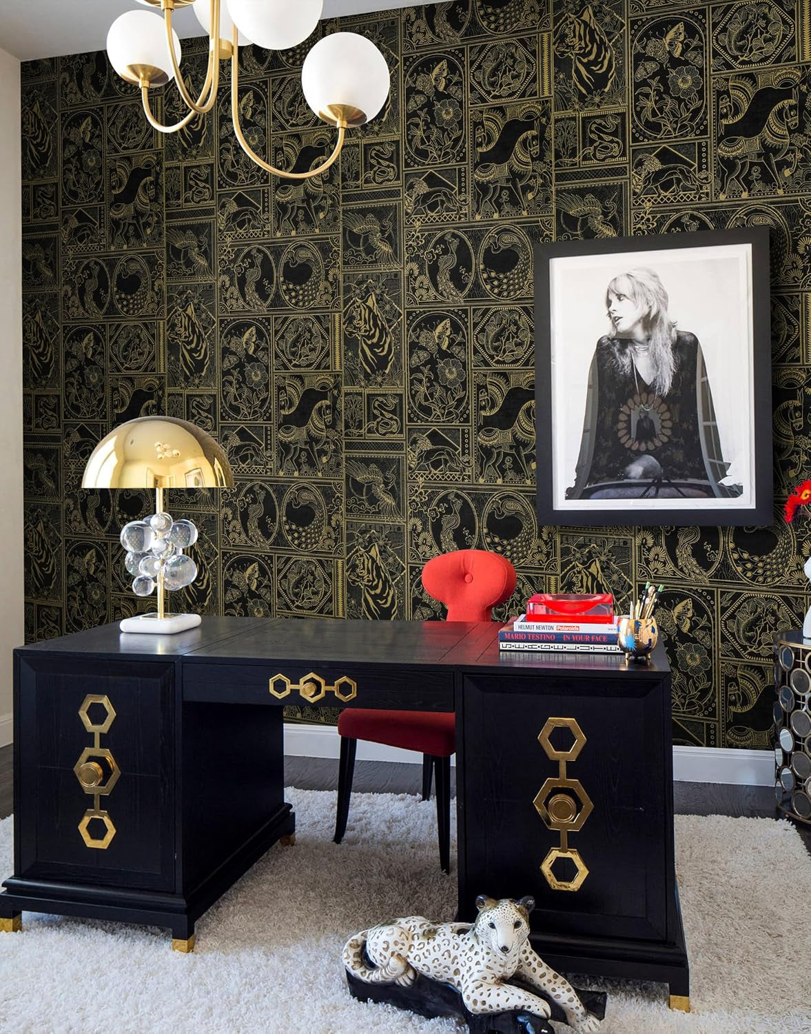Vintage Peel and Stick Wallpaper Black and Gold Contact Paper, 394"X17.7" Peel and Stick Removable Animal Pattern