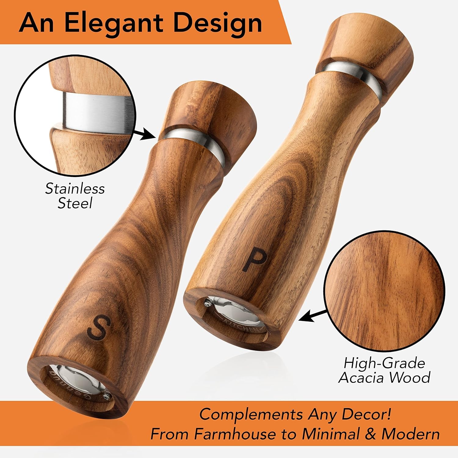Wooden Salt and Pepper Grinder Set: Refillable Salt & Pepper Mills Adjust for Customized Coarseness, 8 Inches Each