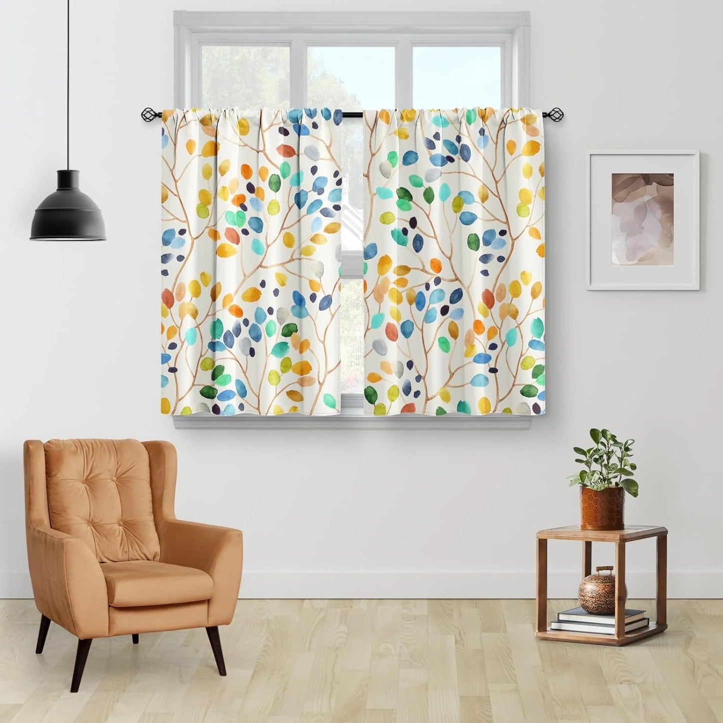 Colorful Leaves Kitchen Curtains - Floral Spring Botanical Tier Cafe Curtains Farmhouse Country Small Window Curtains Rod Pocket Window Drapes 24 Inch 2 Panels Set 28"X24"