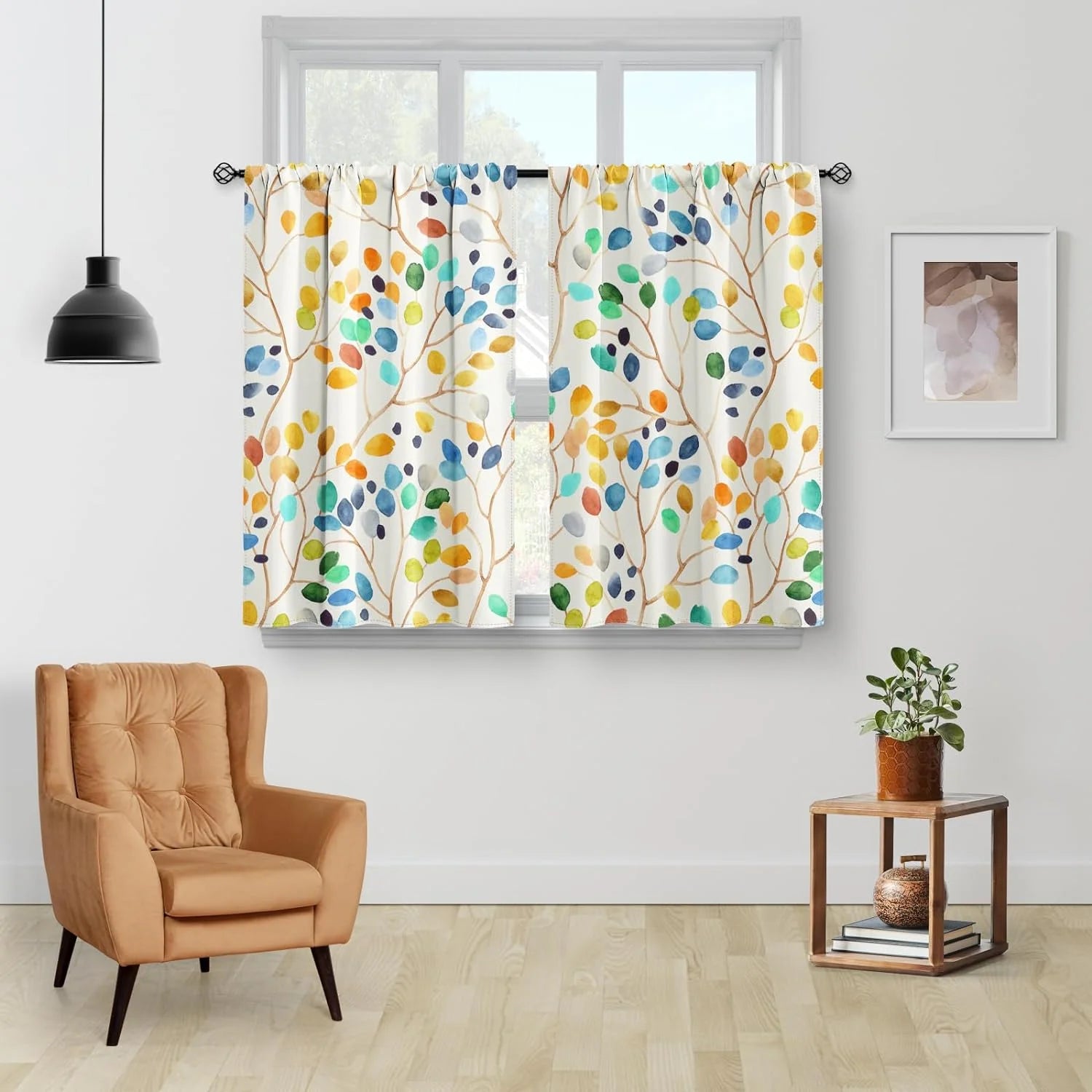 Colorful Leaves Kitchen Curtains - Floral Spring Botanical Tier Cafe Curtains Farmhouse Country Small Window Curtains Rod Pocket Window Drapes 24 Inch 2 Panels Set 28"X24"