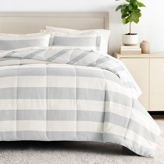  King Bedding Bundle, Patterned Microfiber Comforter and Solid Sheet Set in Distressed Stripe Light Blue