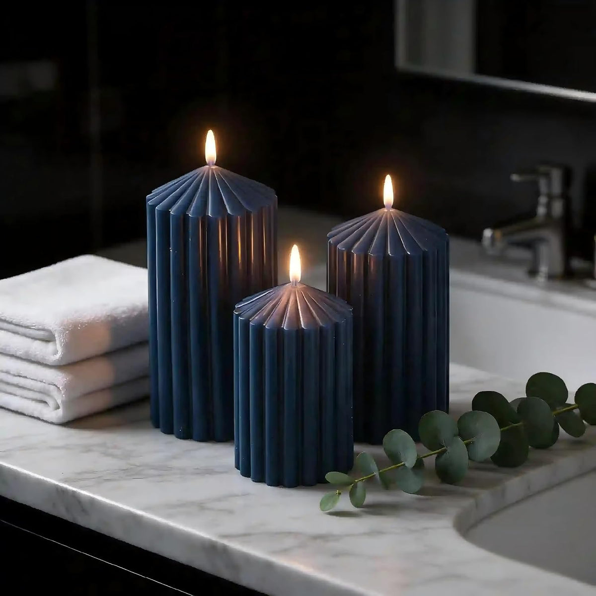 Blue Ribbed Pillar Candles Set of 3,Soy Wax Unscented Candle