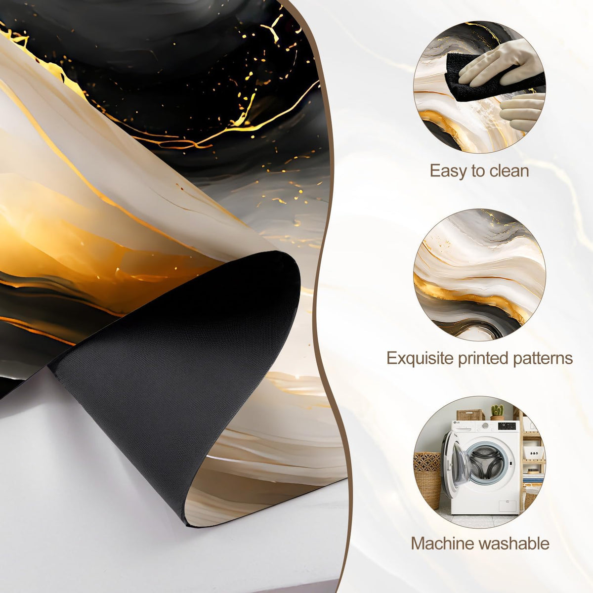 Black Gold Marble Kitchen Mat, Cushioned anti Fatigue Non Slip Rug