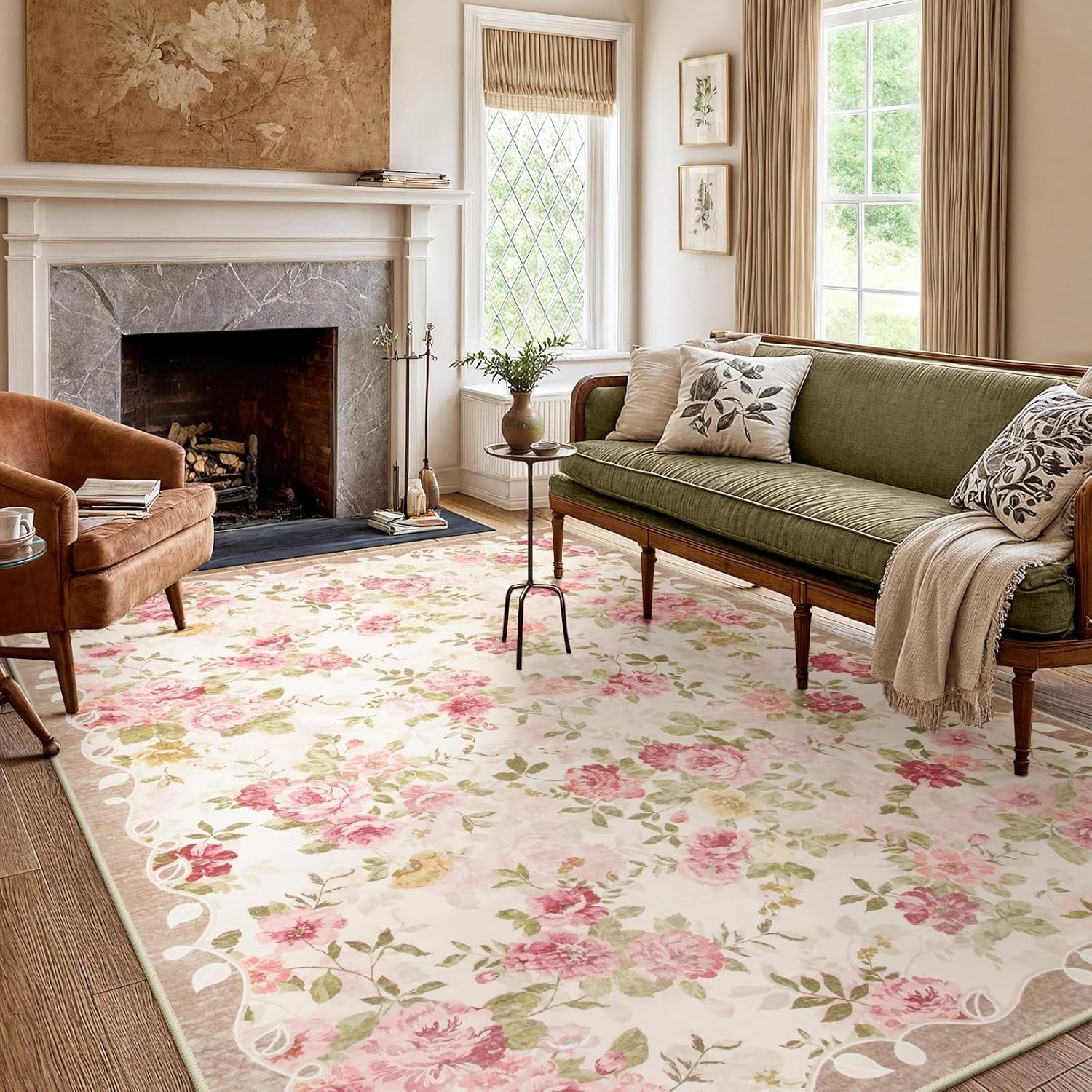 Floral Washable Rugs 5X7, Rugs for Living Room Boho Area Rug, Vintage (5'X7, Beige)