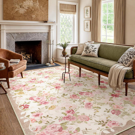 Floral Washable Rugs 5X7, Rugs for Living Room Boho Area Rug, Vintage (5'X7, Beige)