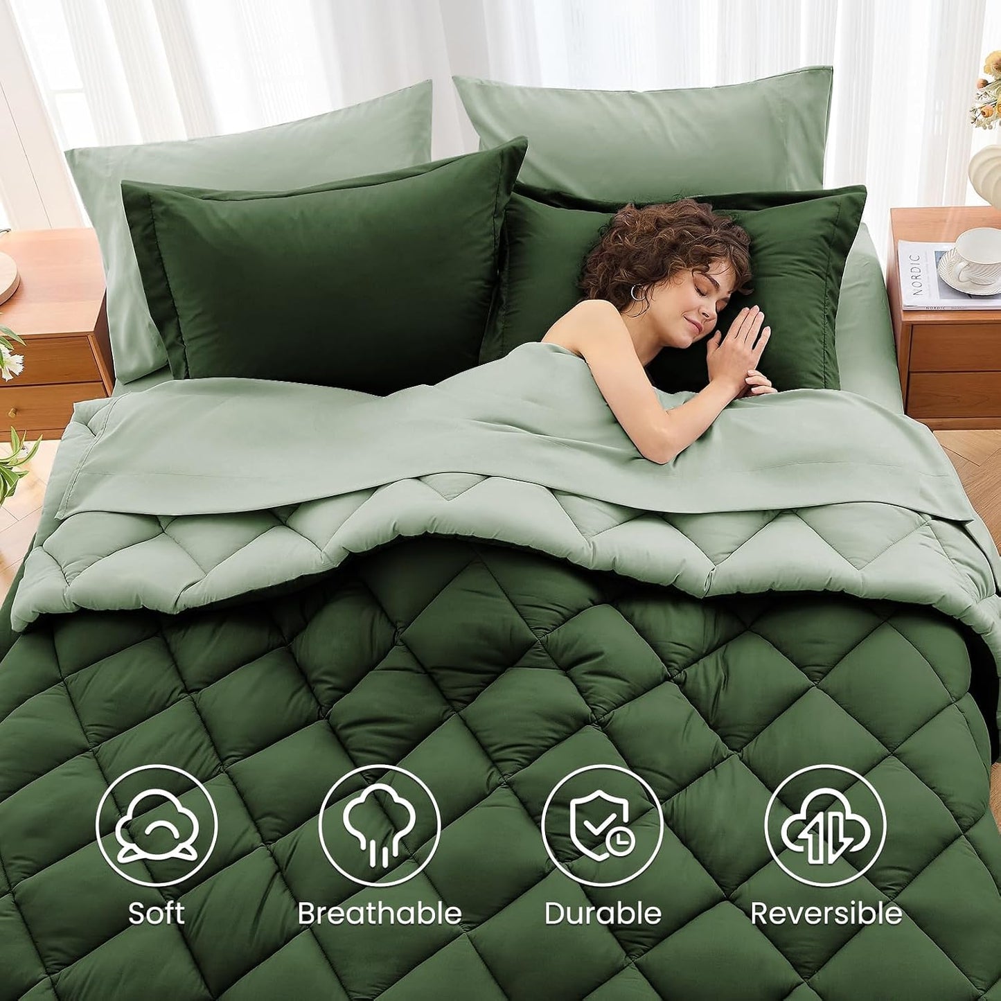 7 Pieces California King Comforter Set, Reversible Bed in a Bag Cal King Size, All Season Bedding Set with Comforter, Flat Sheet, Fitted Sheet, Pillowcases & Shams, Dark Green & Light Green