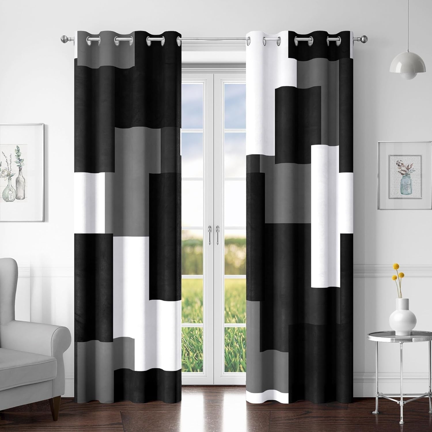 Black White Grey Blackout Curtains for Bedroom Living Room 84 Inch