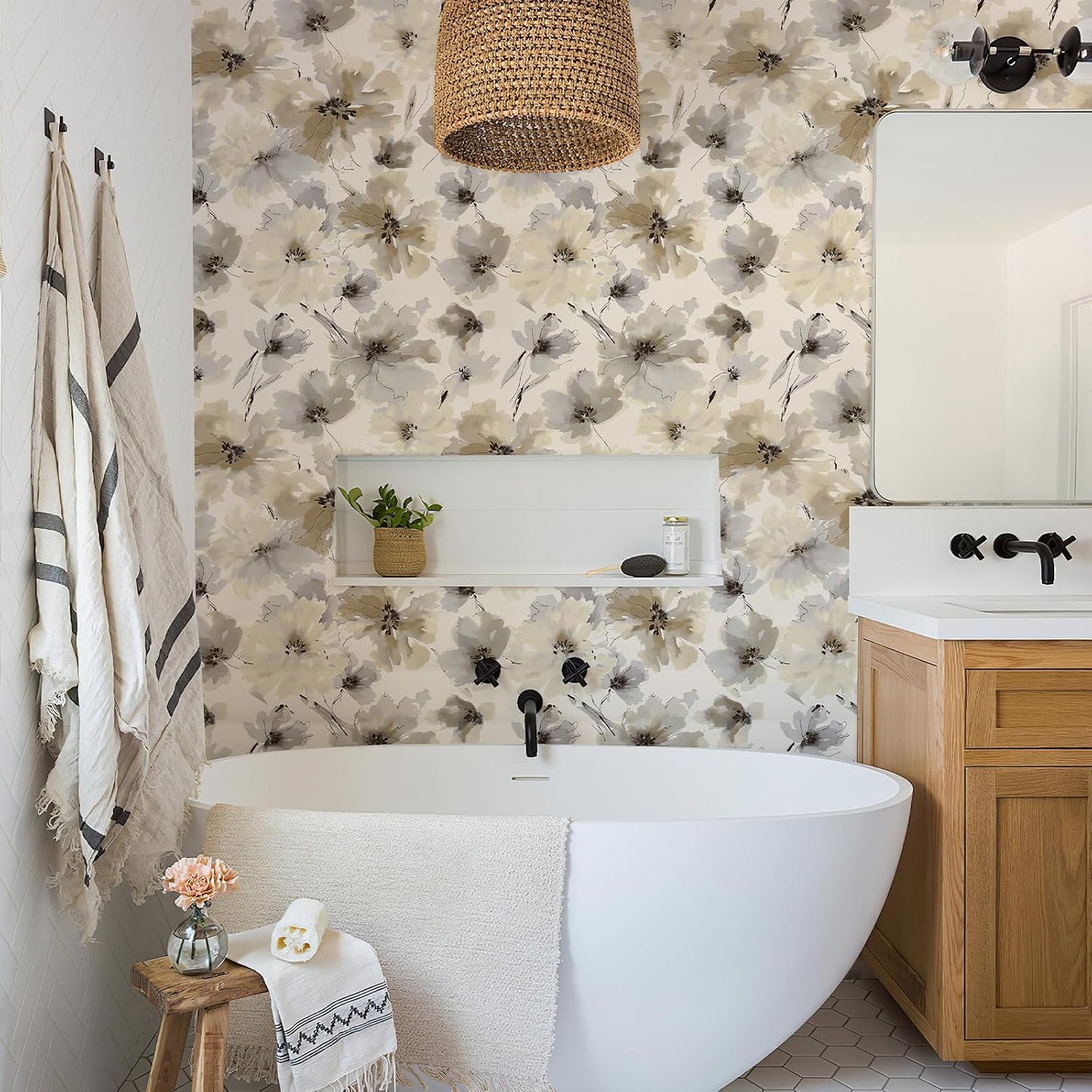 Beige Flower Watercolor Flower Peel and Stick Wallpaper, Honey Wheat Yellow, 17.3X393.7 Inch