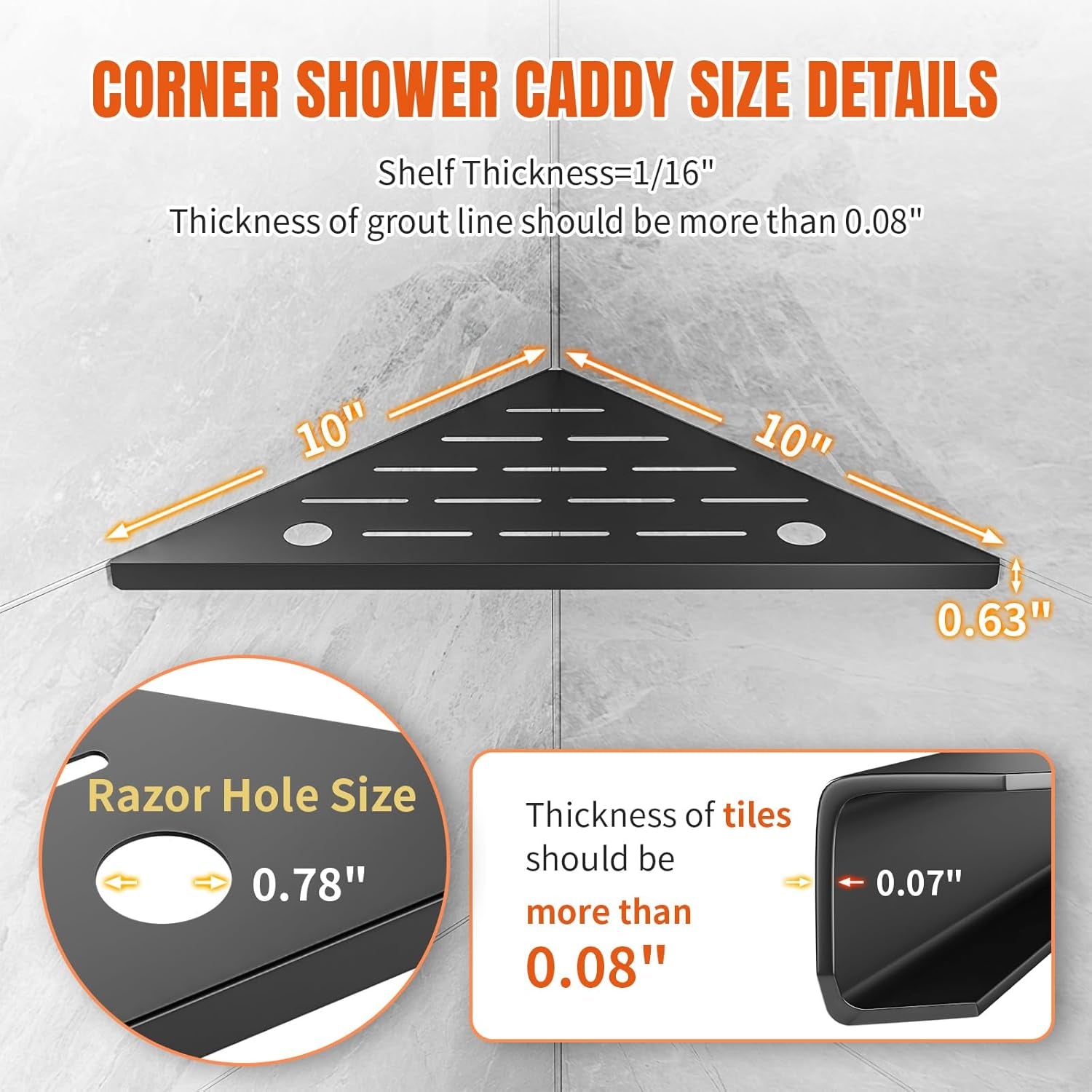 Shower Corner Shelf with Razor Hole, Modern Sturdy Shower Caddy, 10" Rustproof Stainless Steel Shower Organizers Bathroom Shelf for Tile Wall, No Drilling