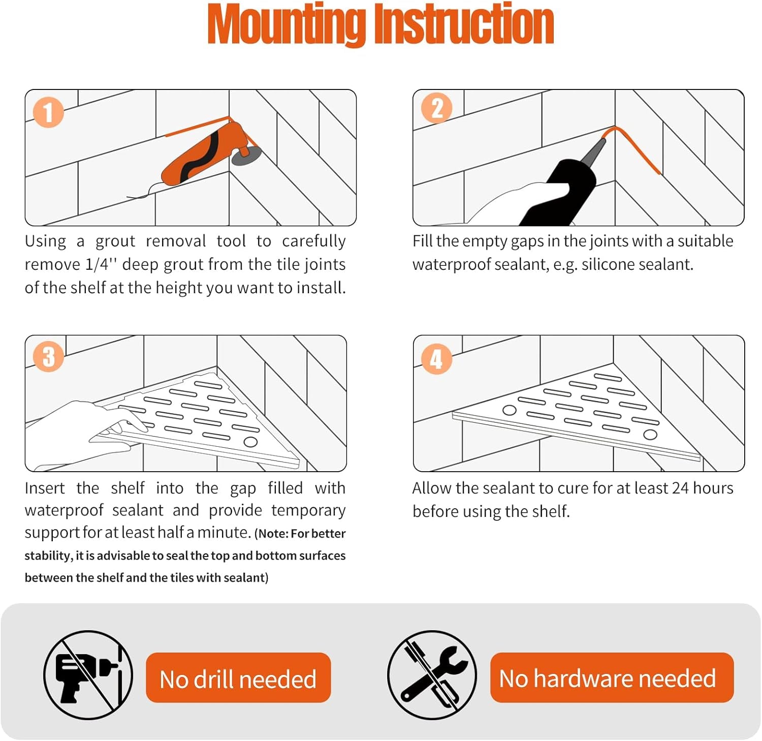 Shower Corner Shelf with Razor Hole, Modern Sturdy Shower Caddy, 10" Rustproof Stainless Steel Shower Organizers Bathroom Shelf for Tile Wall, No Drilling