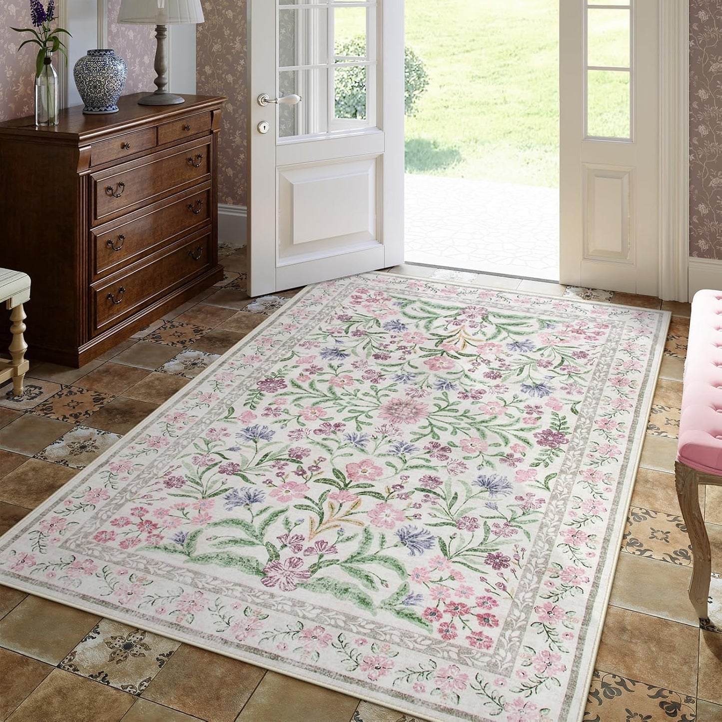 Boho Purple Floral Area Rugs, for Living Room, Nursery, and Bedroom,5X7, Pale Lilac/Pink