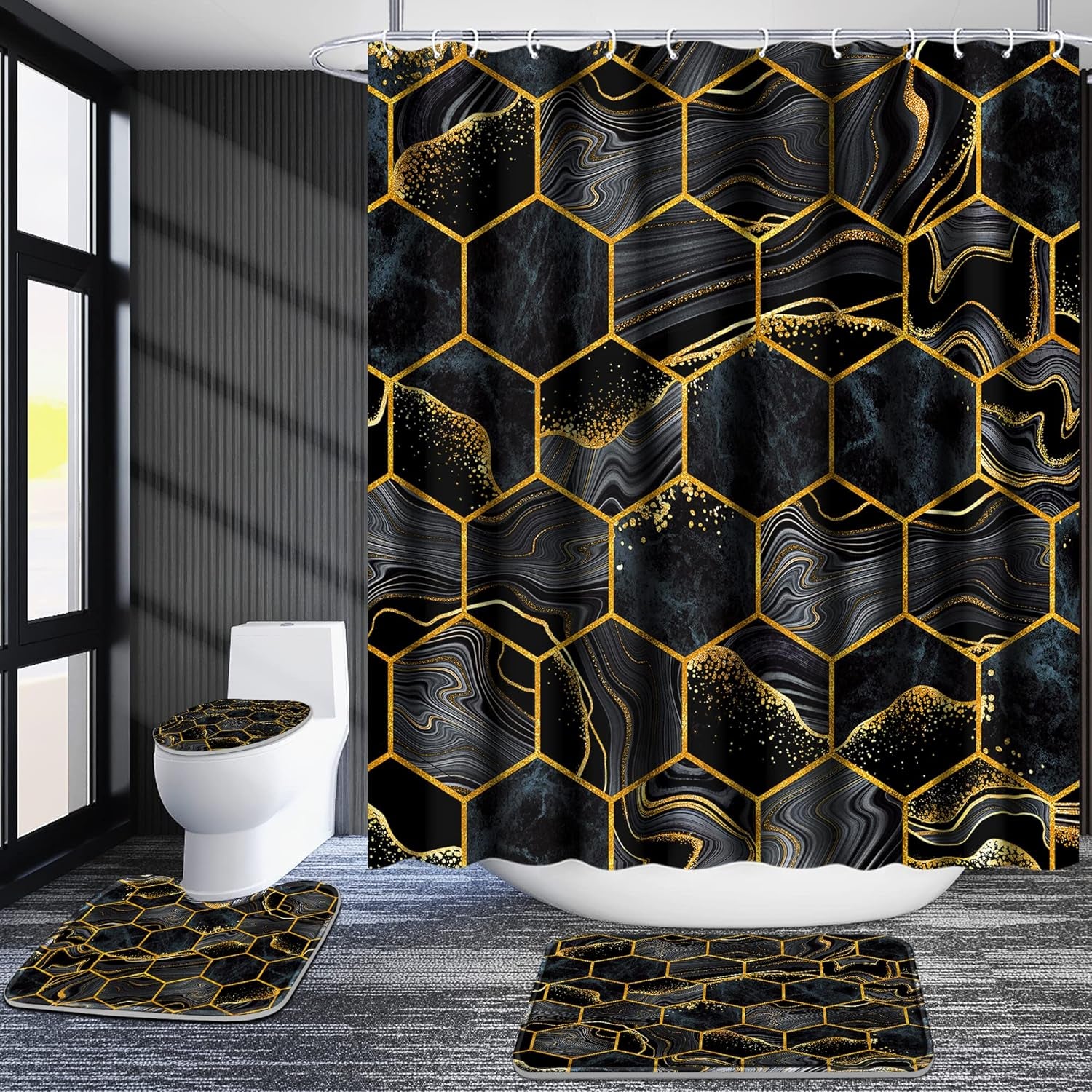 Shower Curtain Set with Rugs,Bathroom Accessory Set, Including Non-Slip Rugs,Toilet Lid Cover and Bath Mat, Waterproof Shower Curtain with 12 Hooks,Black