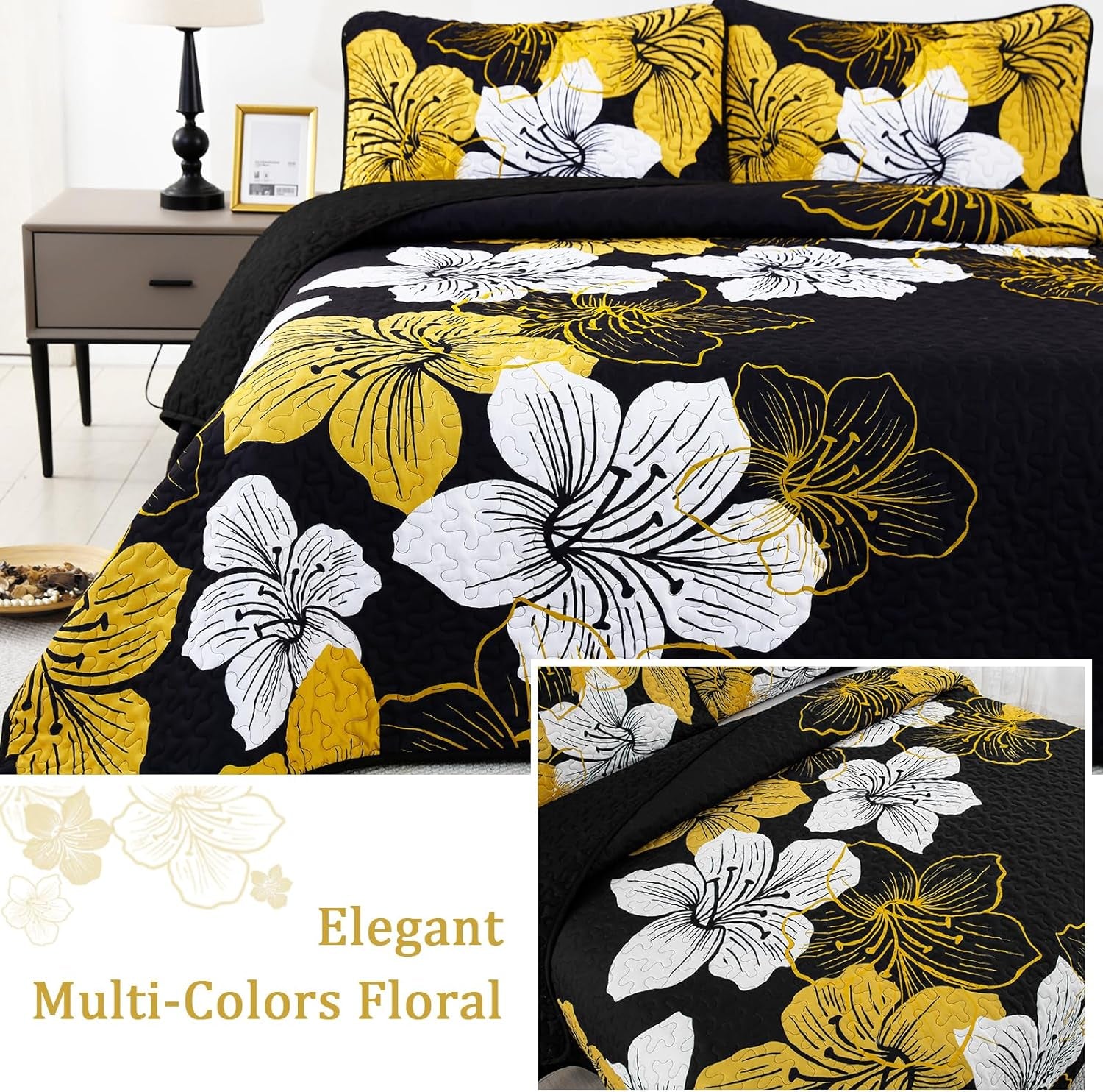 3 Pieces Quilt Set California King Gold Floral Pattern Black Quilt Coverlet Set 106"X 96"